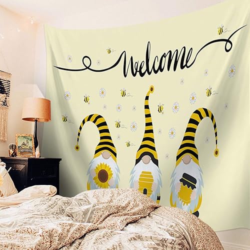 Miniatura 3 de Tapiz para colgar en la pared, gnomos de abeja, tapices con girasol, tapiz estético de margaritas blancas y amarillas para dormitorio, sala de