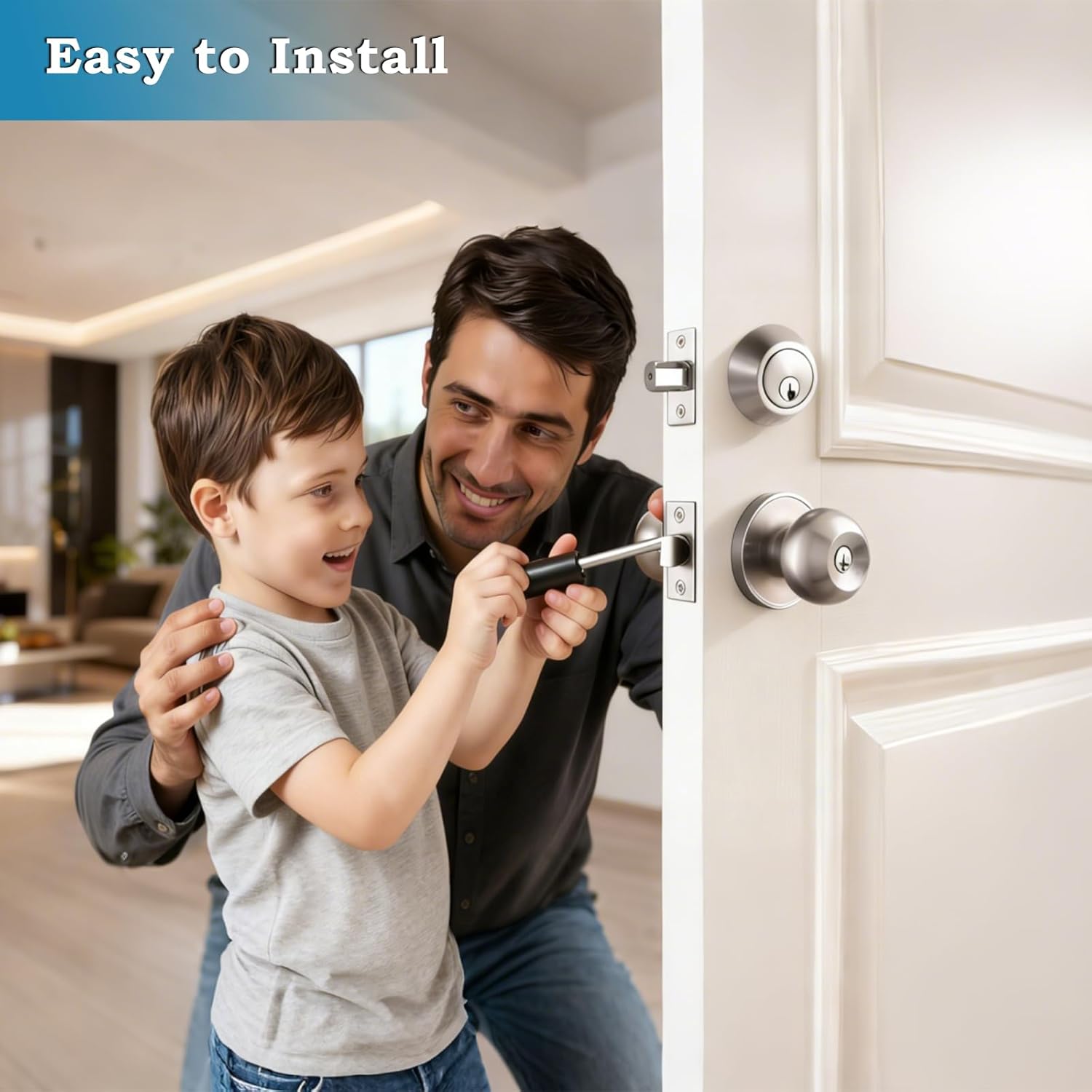 2 Pack Door Knobs Set, Single Cylinder Deadbolt All Keyed Same Entry Door Knob Combo Set with Lock and Keys for Entrance and Front Door, Exterior Round Ball Door Locksets