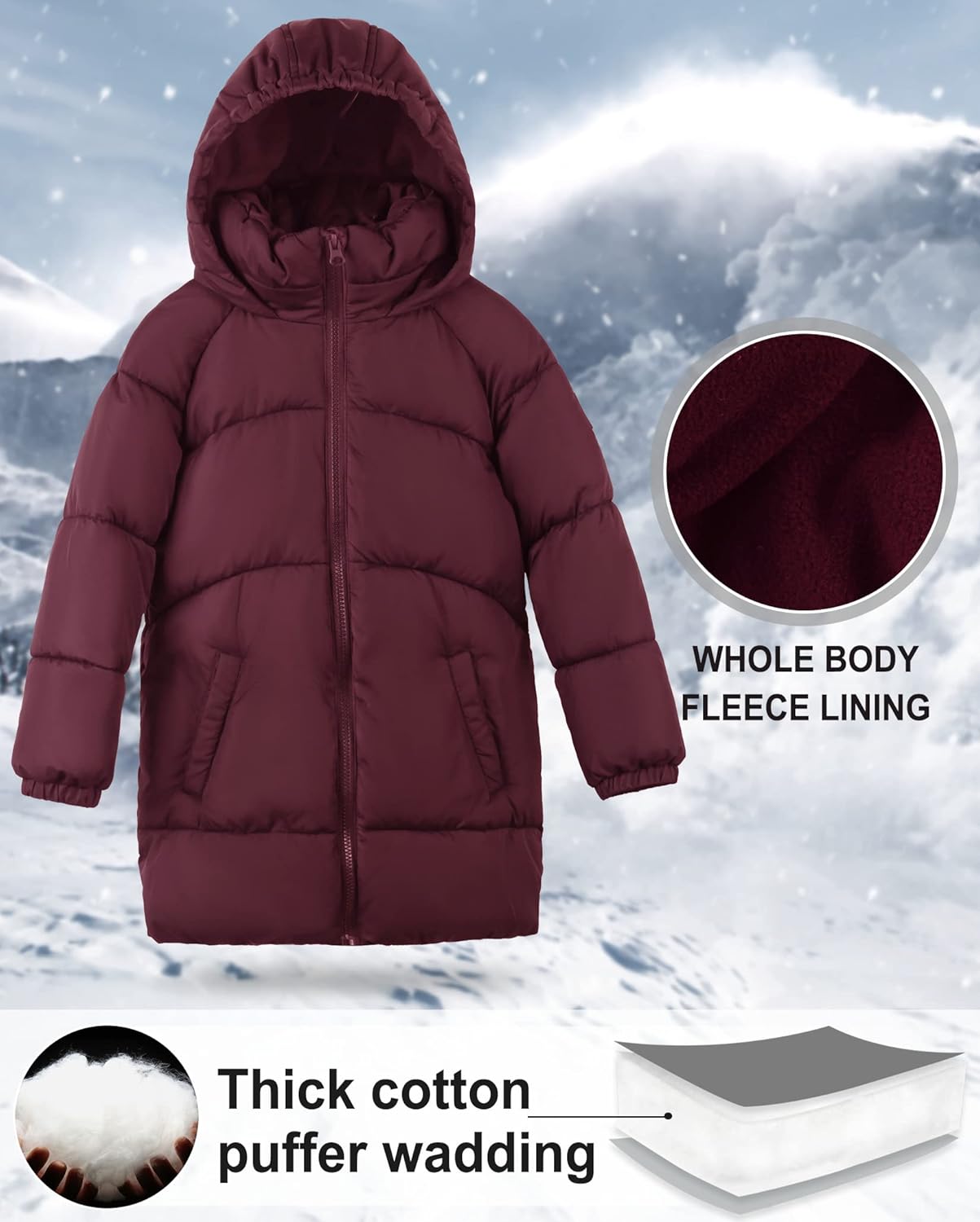 maoo garden Girls Winter Long Puffer Lightweight Coat Thick Padded Soft Fleece Jacket with Hood - Image 4