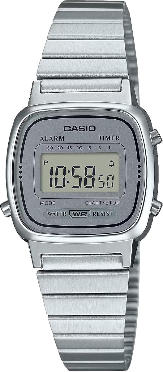 Reloj digital retro para mujer, plateado, correa de acero inoxidable, alarma, temporizador, resistente al agua
