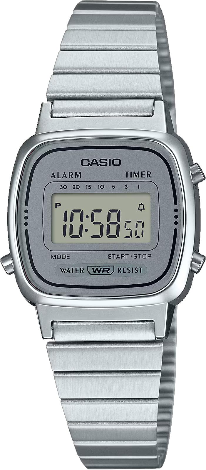Women's Retro Digital Watch, Silver, Stainless Steel Band, Alarm, Timer, Water Resistant