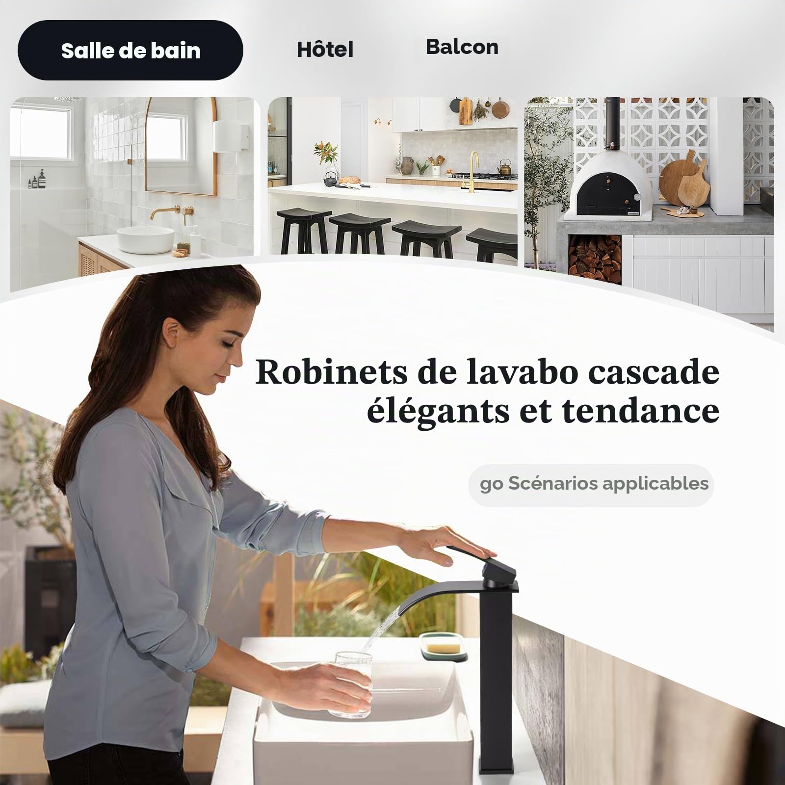 Mitigeur Lavabo Robinet Lavabo Salle De Bain Moderne Robinet Lavabo Noir Cascade Robinet Salle de Bain avec Hauteur 300 MM Mitigeur Monocommande Lavabo Eau Chaude et Froide Disponible (Noir)