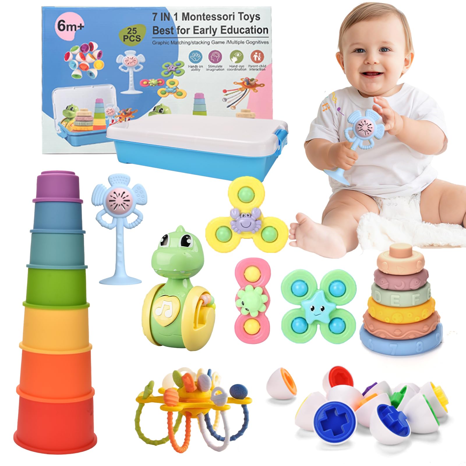Juguetes Montessori para Bebés de 6 a 12 Meses,Juegos para niños pequeños 7 en 1 para 1 2 3 Años,Juguetes Sensoriales para Bebe Juegos Educativos de Bloques de Construcción,Regalos para Bebe