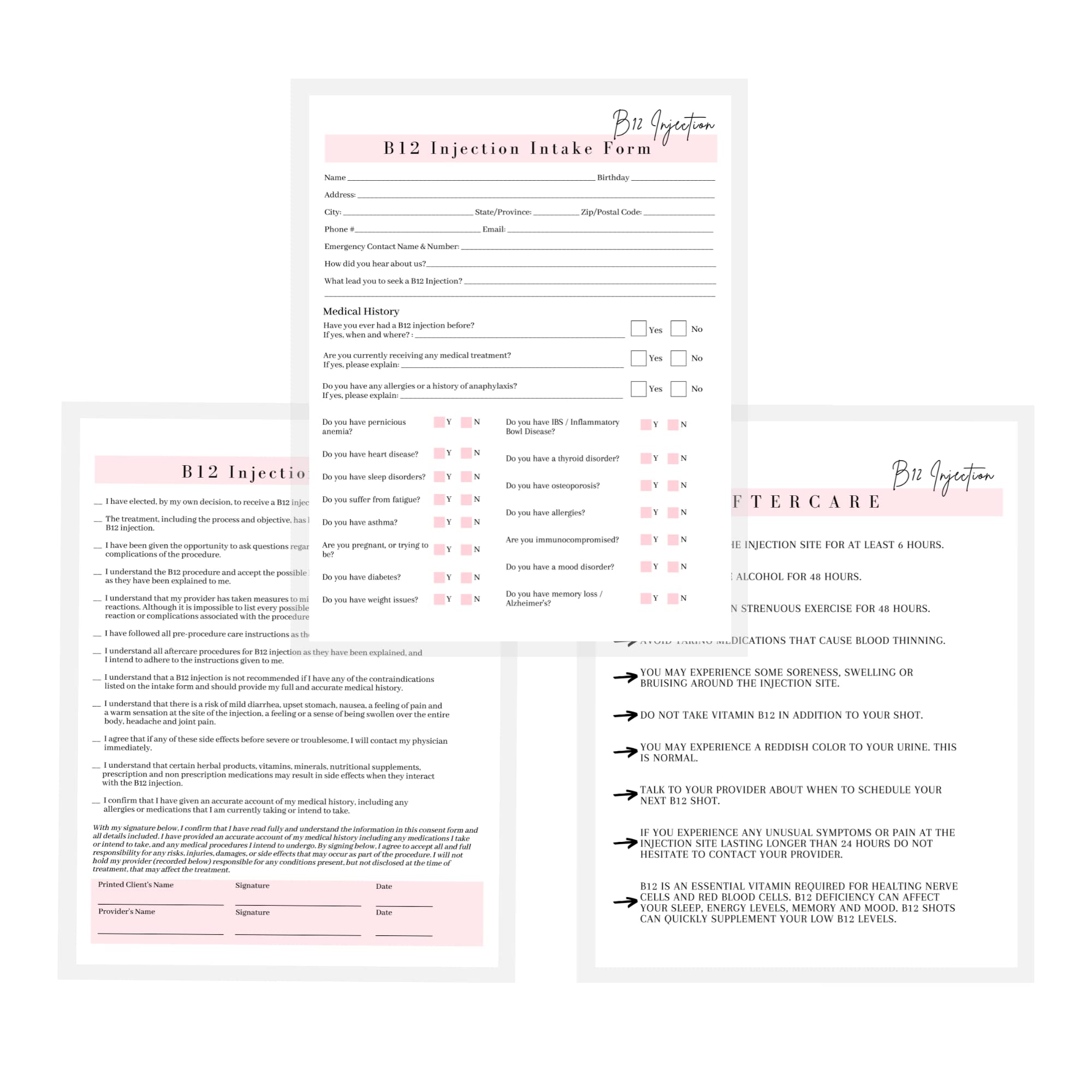vitamin b12 injection consent form B12 Injection Intake, Consent, and Aftercare Form | 75 Pack | 8.5 x 11" A1 Forms | Clients Signature | Client Forms Bundle