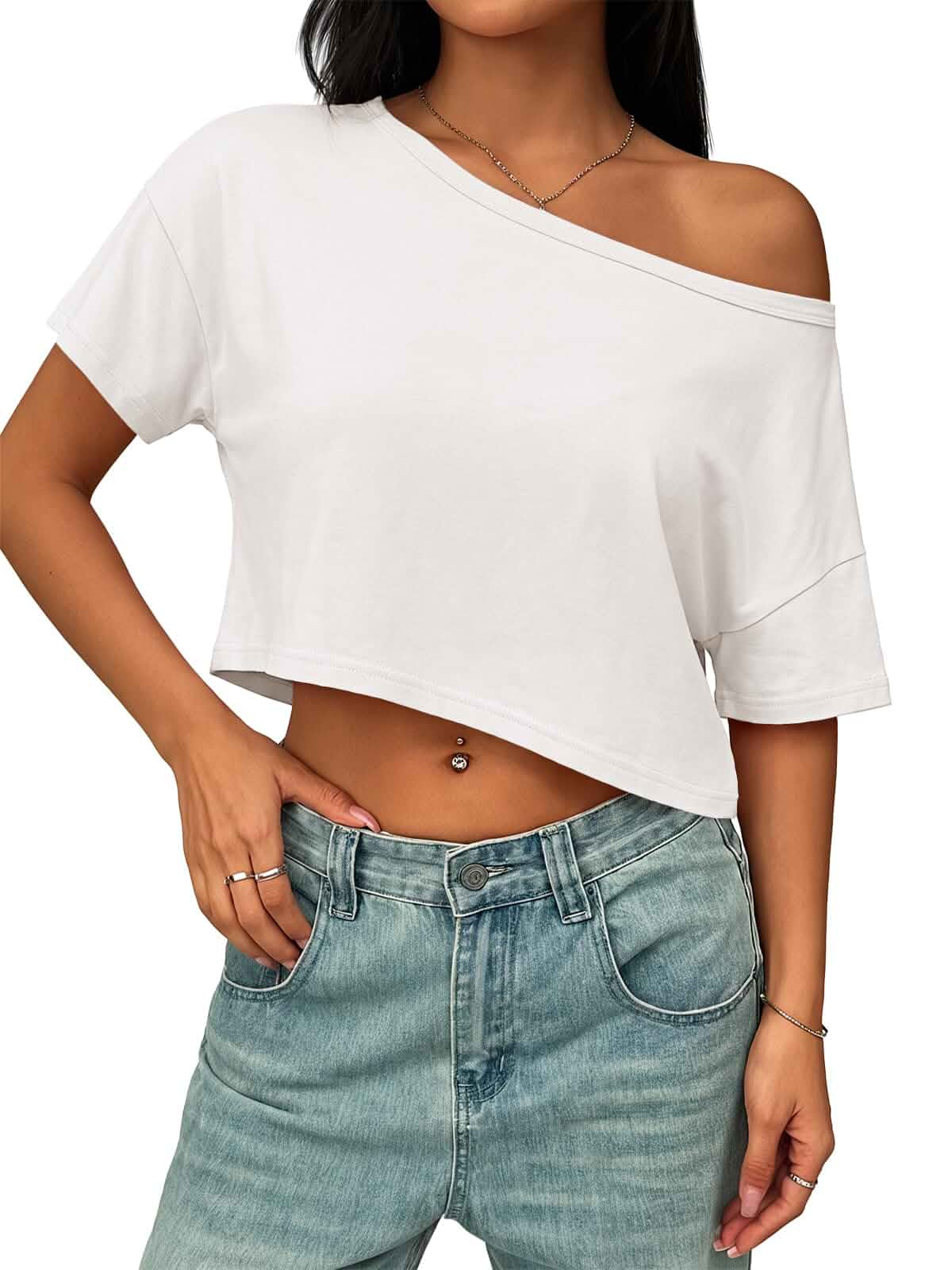 YURIONA Womens Off The Shoulder Tops Short Sleeve Crop Top Casual Workout T Shirt 2026 Summer Trendy Loose Cotton Tees
