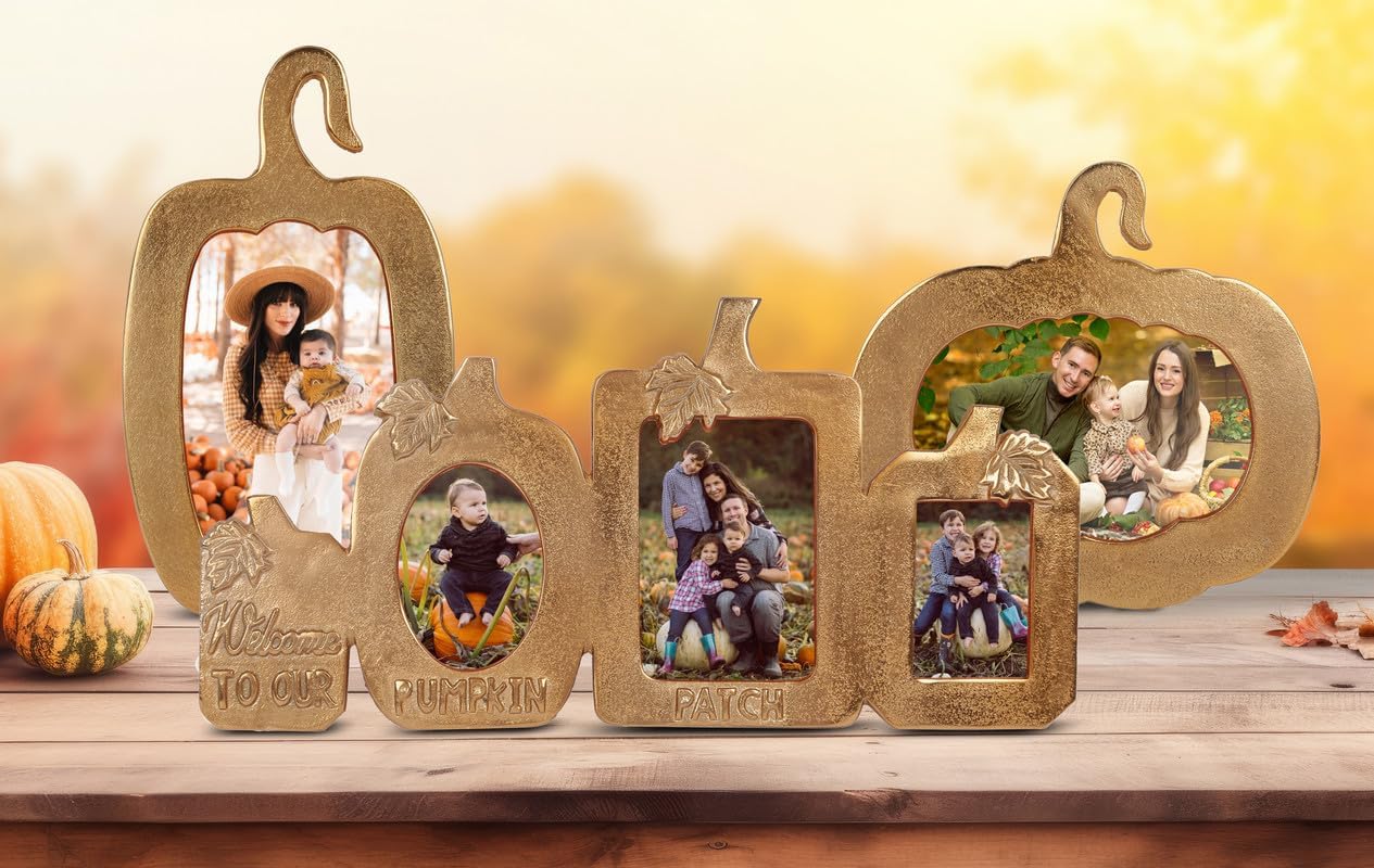 AHC HOME & LIVING 6x4 Gold Picture Frame - Elegant Metal Pumpkin Design for Tabletop & Wall Display, Ideal For Autumn Fall, Halloween, Thanksgiving - Fits 6x4 Photos
