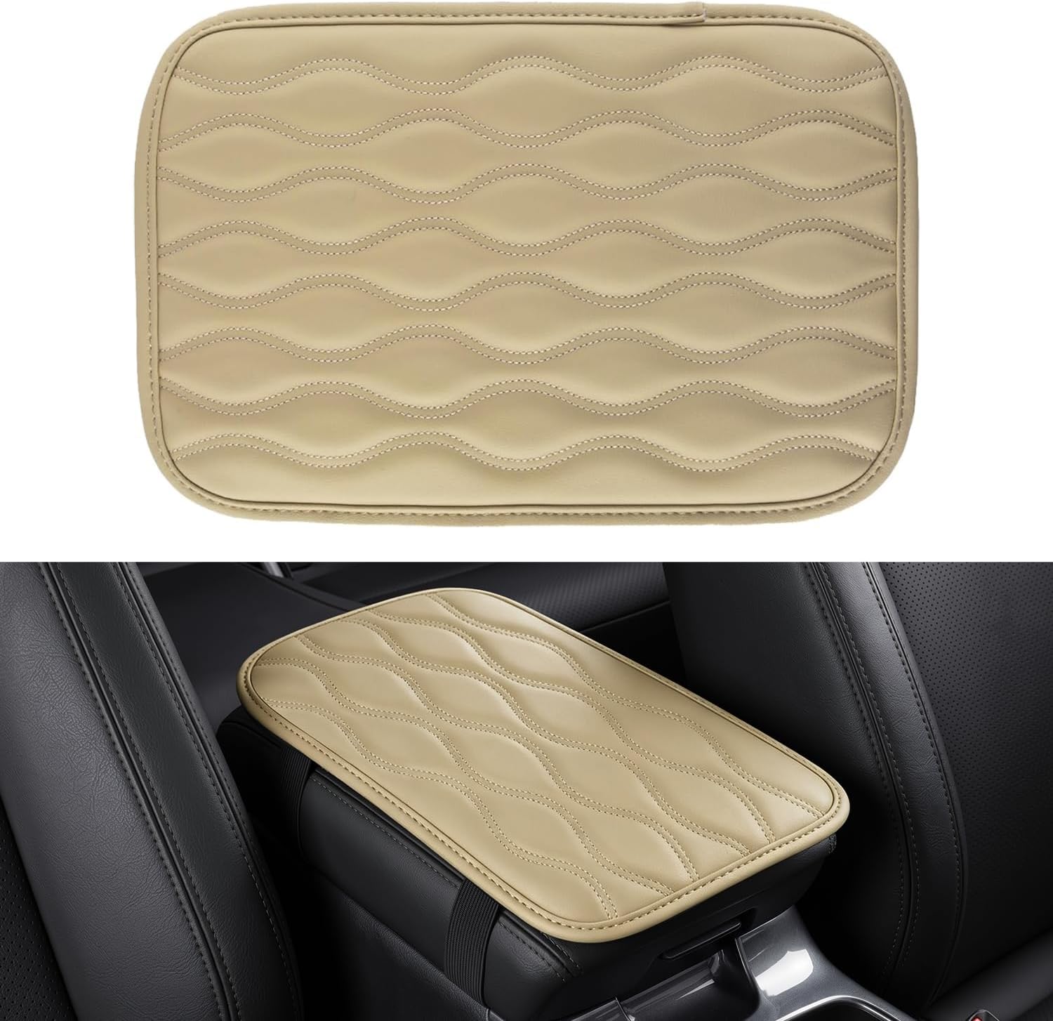 Amiss Car Center Console Cover, Upgraded Leather Car Armrest Cushion, Universal Waterproof Cushion Pad, Non-Slip Car Interior Accessories, Fits Most Sedans SUVs Trucks (Beige)