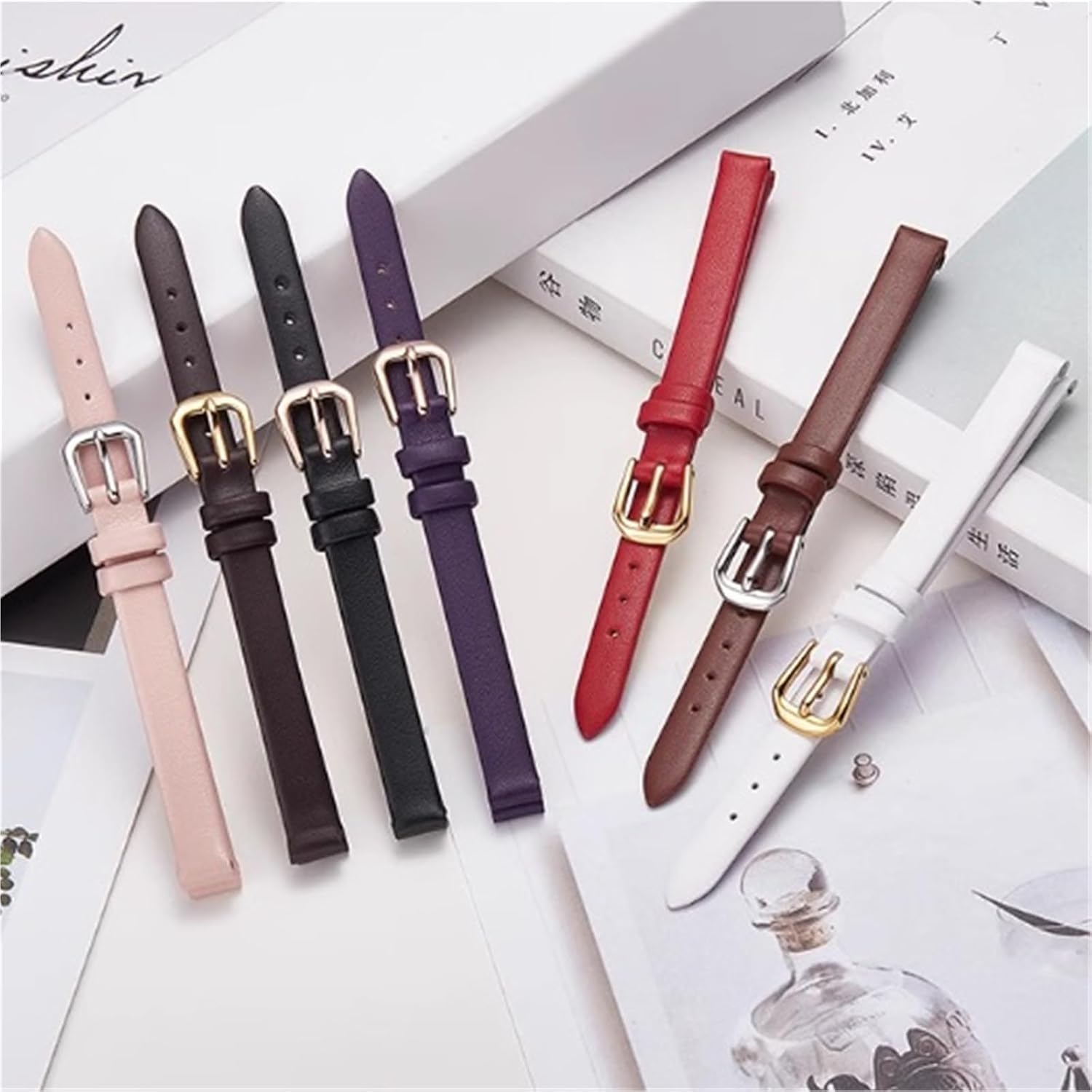 Leather Watch Band 6mm 8mm 10mm Women's Small Size Universal Watch Strap Stainless Steel Buckle