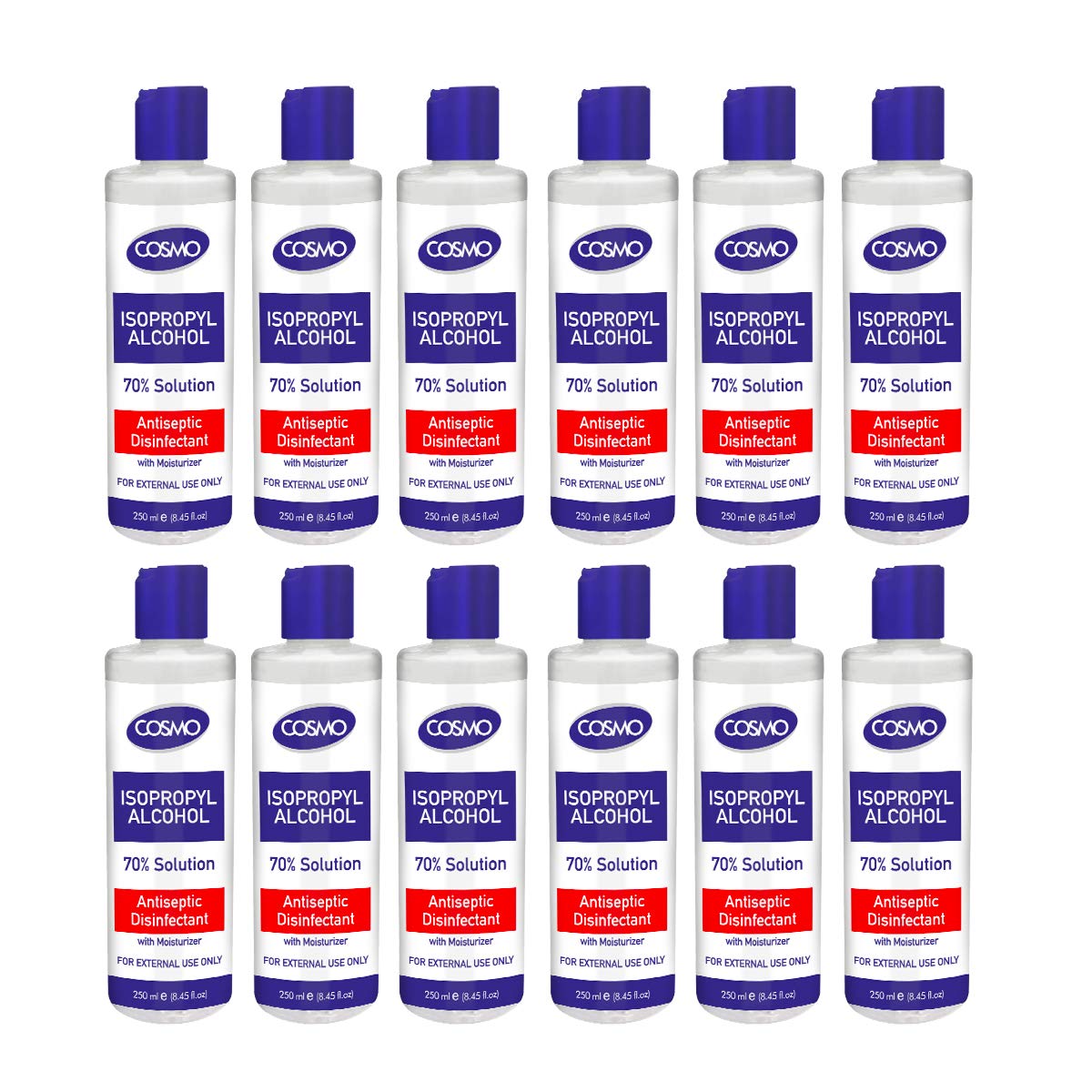 Isopropyl Alcohol 70% Solution Liquid 250ML PACK OF 12, Advanced Formula, Germs Protection, Antiseptic/Disinfectant With Moisturizer