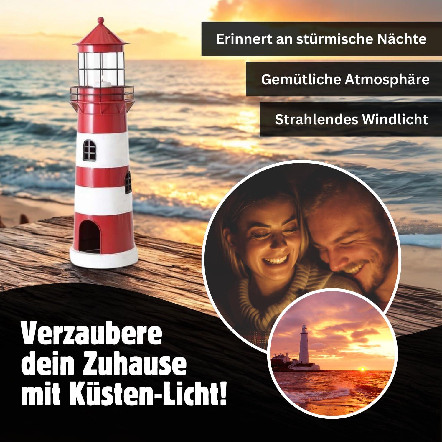 Seaside No.64 - Leuchtturm farbige Streifen - maritimes Windlicht aus Eisen, lackiert - mit Glaszylinder, Zwei Größen - Laterne, Aussichtsturm, Kerzenhalter, Wachturm, Leuchtfeuer (rot/weiß, groß)