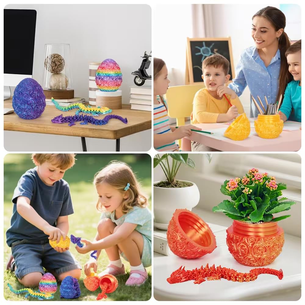 4 Pack 3D Printed Dragon,Dragon Eggs with Dragon Inside - Desktop Decor Collectible, Dragon Toy with Roses Design, for Boys and Girls