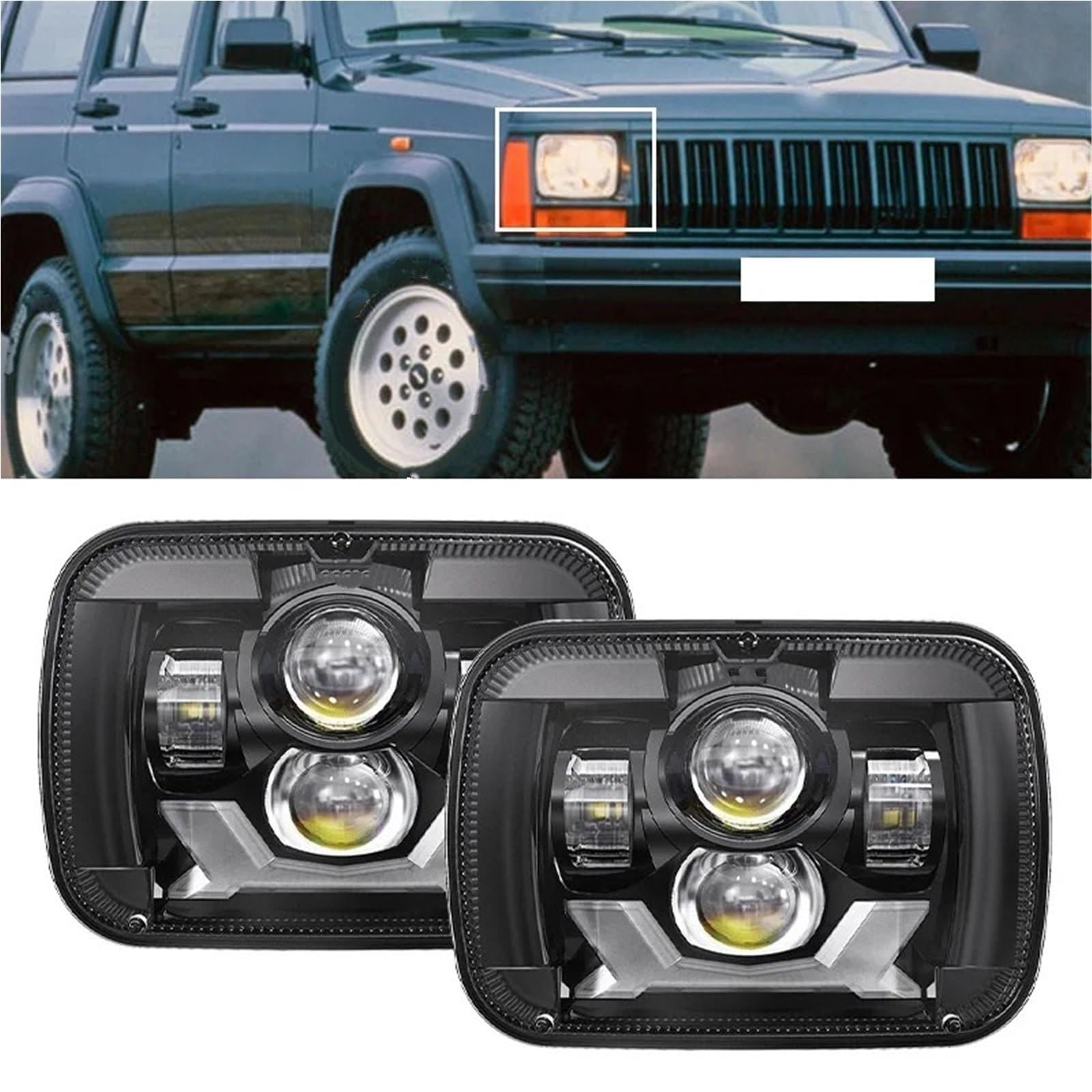 Bombilla Coche Faro LED Impermeable 7x6 Bombilla para coche | 90W 5X7 Blanco DRL Ámbar Intermitente H4 Cuadrado