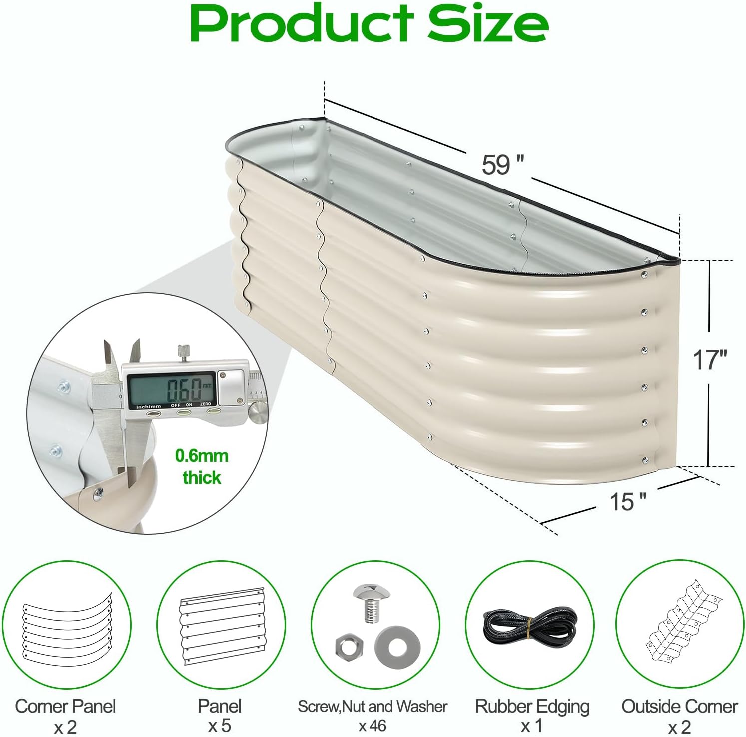 A beige half-moon raised garden bed filled with various plants, positioned against a white brick wall.