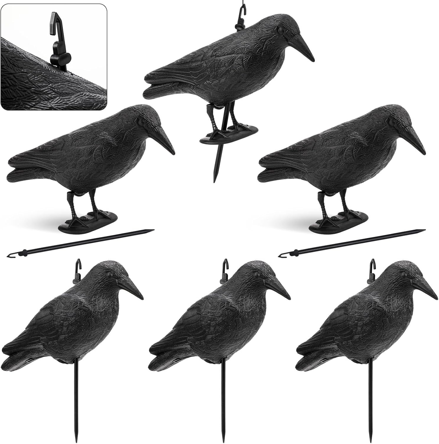 Novabright 6 Pcs Realistic Crow Decoys-Life Sized Simulation Crow Statue, Hunting Bait Decoys, Black Crows Decoy Figuring with Feet Stake for Hunting Halloween Party Yard Garden Decoration