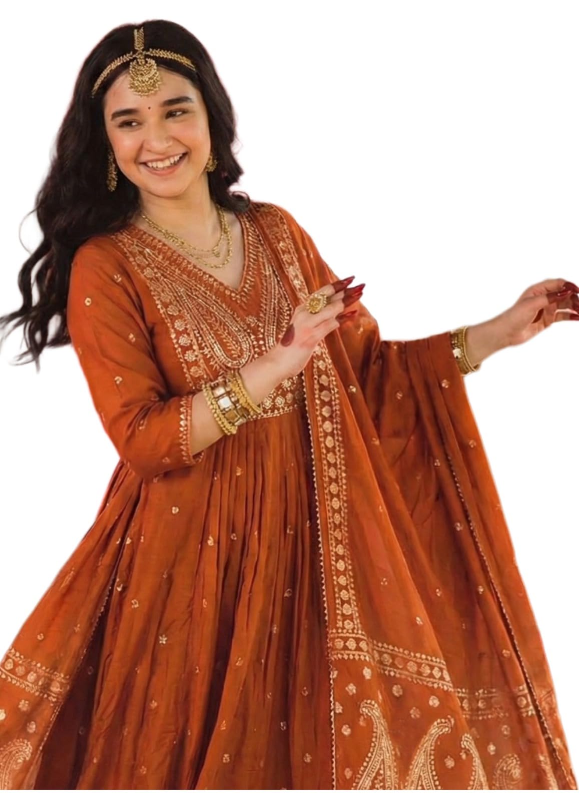 GoSriKi Rust Anarkali Kurta Set for Women with Dupatta | Cotton Kurti Set for Woman | Embroidered Anarkali Suit for Women Kurti Pant Set with Dupatta | Suit Set for Women Latest