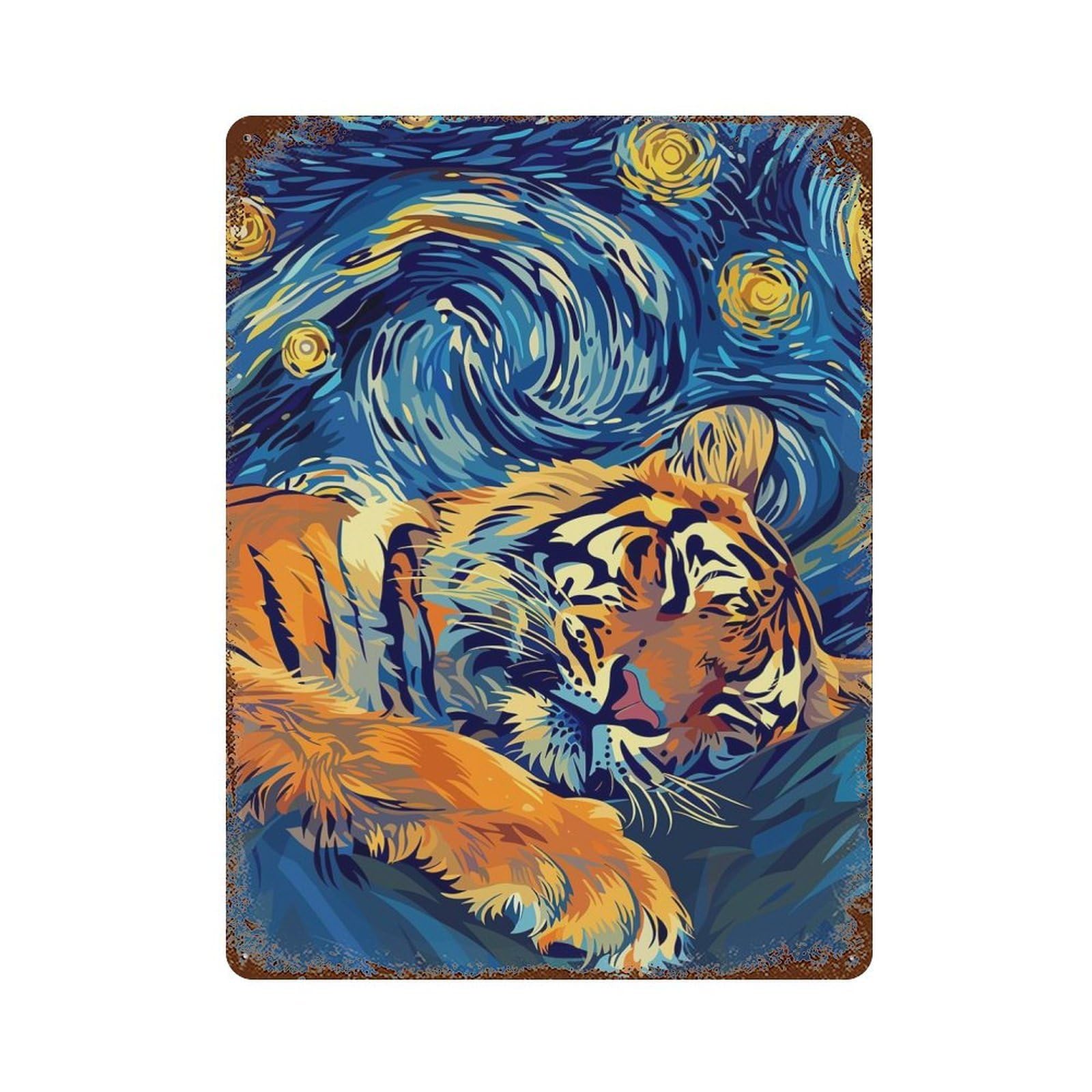 Sleeping Tiger in Starry Night Style Rusty Metal Tin Sign 15.7"x11.8", Ideal for Pub, Kitchen And Man Cave Decor