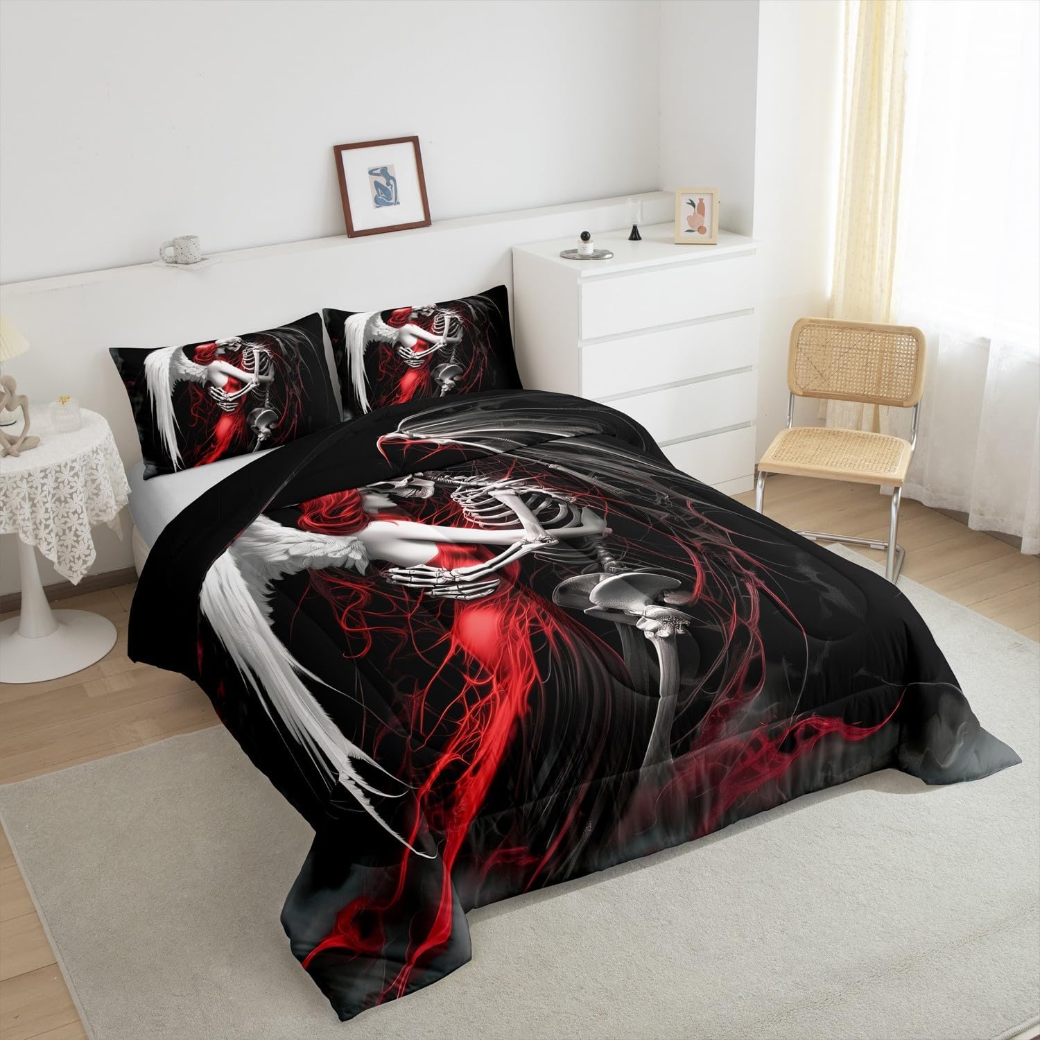 Erosebridal Gothic Skull Couple Comforter Set Full Size,Valentine's Day Bedding Set Skull Skeleton Down Comforter Red Black Angel Skeleton Bed Set for Men Women Room Decor