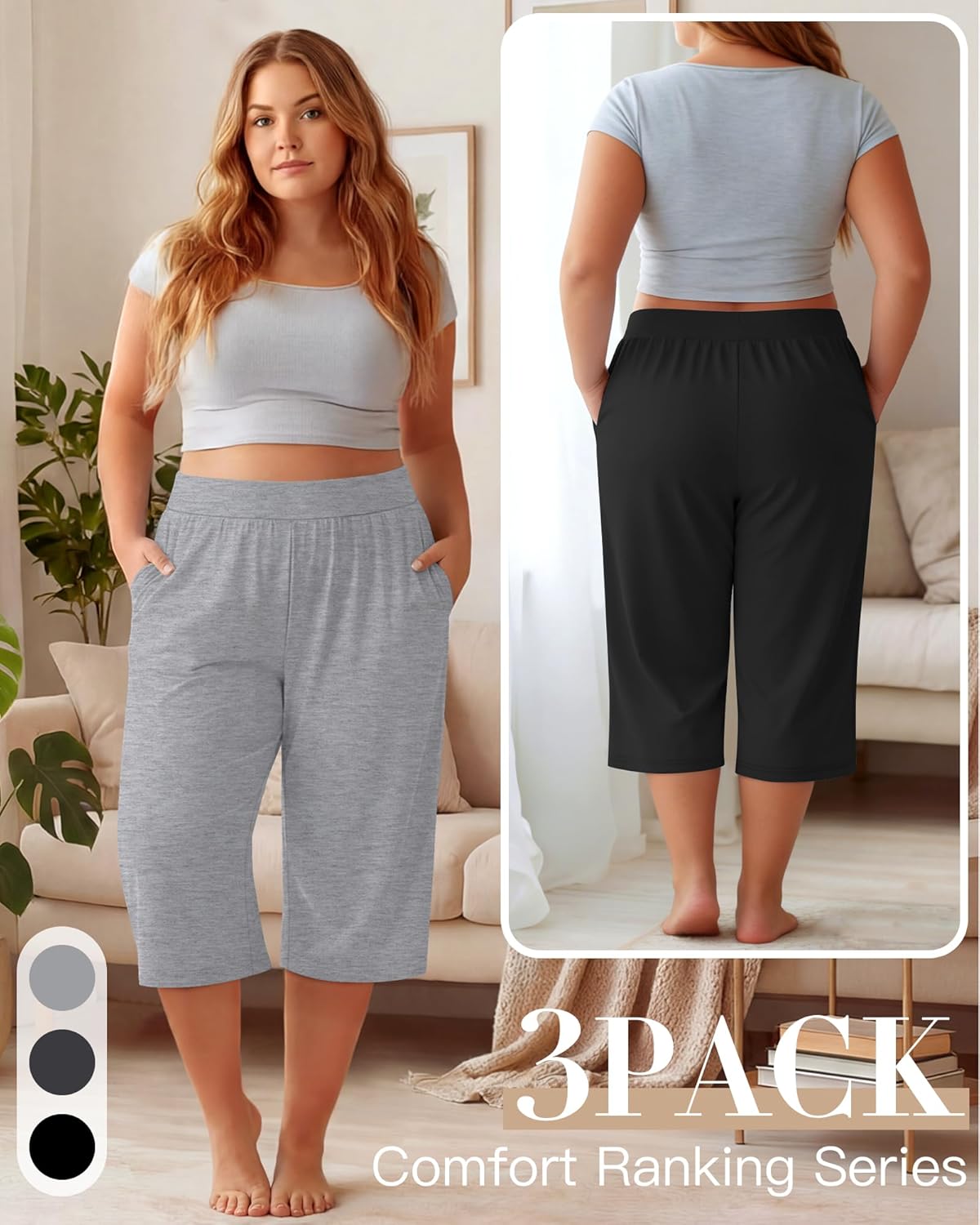 Huukeay 3 Pack Women's Plus Size Capri Pants Loose Fit Wide Leg Capris Sweatpants Summer High Waisted Yoga Pants with Pockets - Image 5