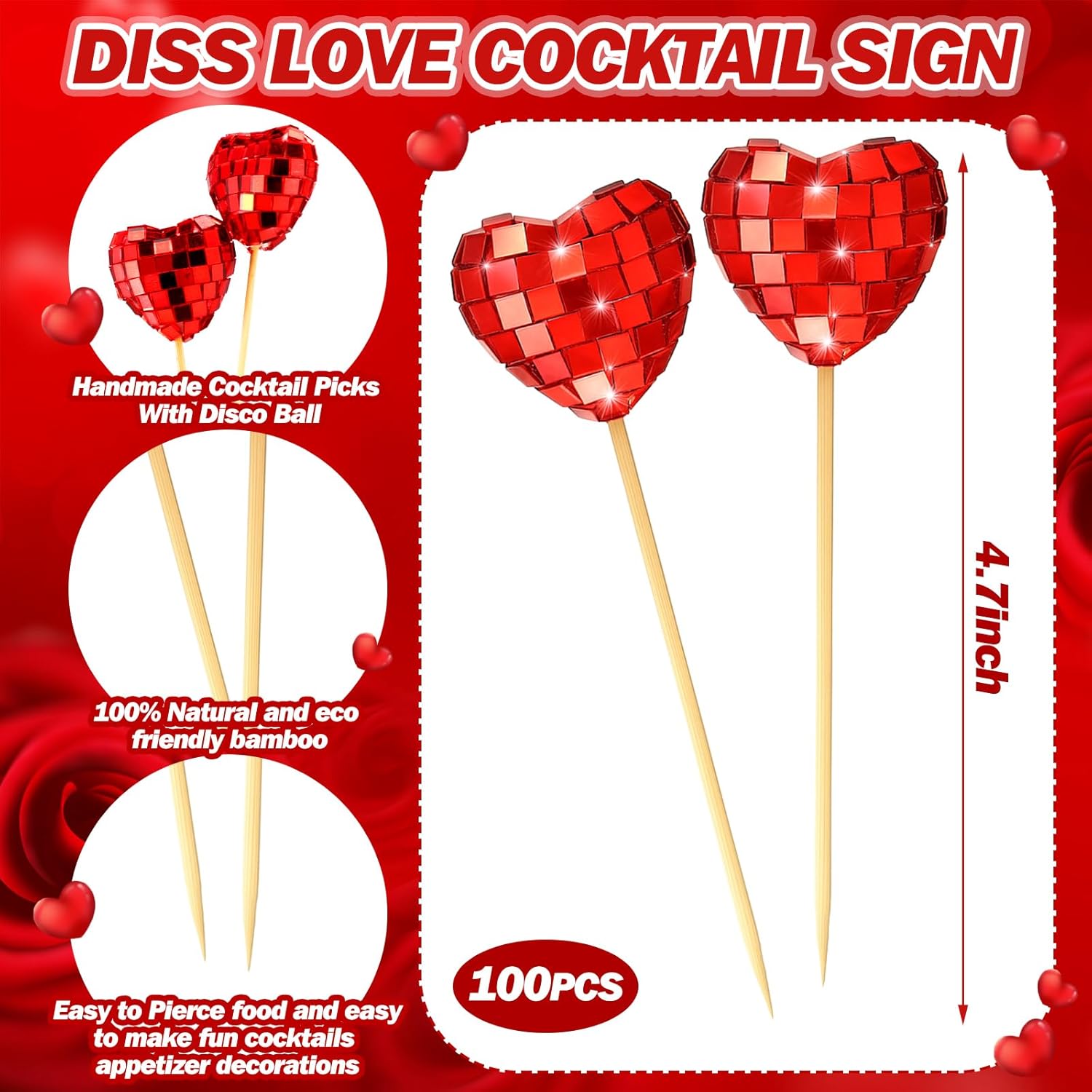 Chengu 50 Pcs Valentines Red Heart Cocktail Picks with Mirror Disco Ball 4.7 Inch Red Glitter Toothpick Sandwich Appetizer Skewers Drink Stirrers for Valentines Day Disco Birthday Wedding Party Decor