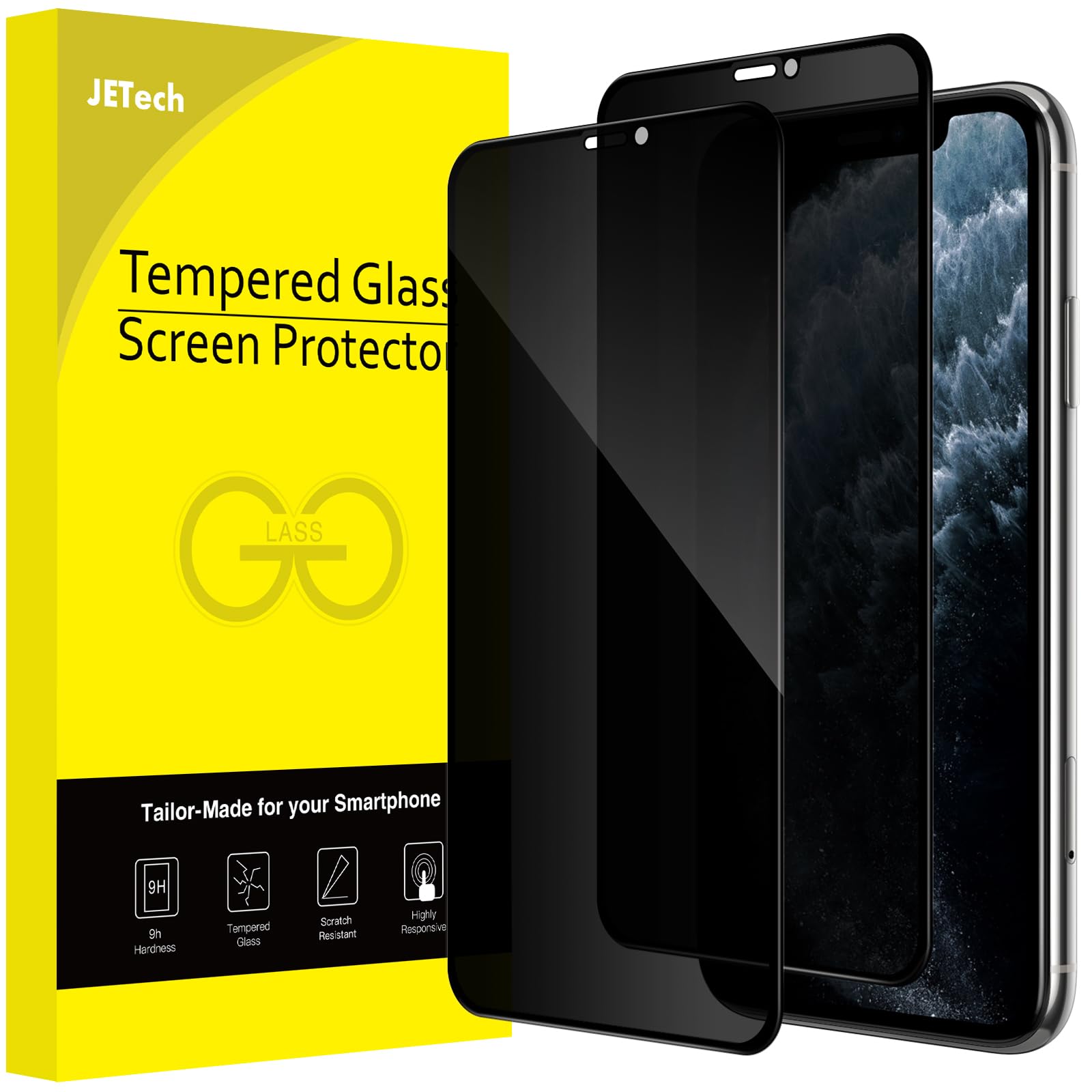 JETech Privacy Full Coverage Screen Protector for iPhone 11 Pro Max/XS Max 6.5-Inch, Anti-Spy Tempered Glass Film, Edge to Edge Protection Case-Friendly, 2-Pack