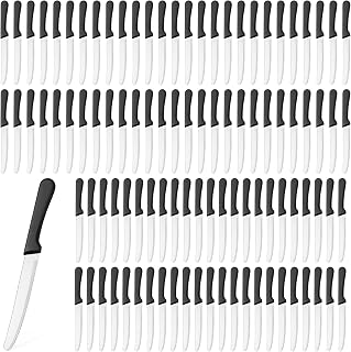 Zhehao 100 Pack Serrated Steak Knives 8.39" Rounded Tip Stainless Steel Blades Black Plastic Handles Restaurant Kitchen Bulk