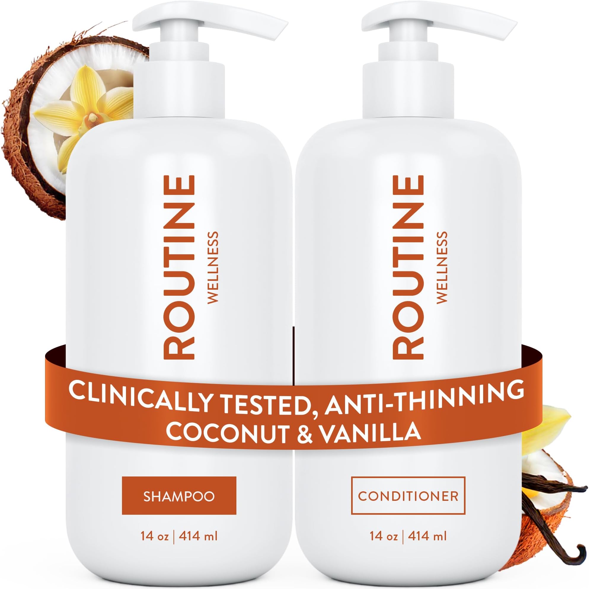 Anti-Thinning Shampoo and Conditioner Set for Thinning Hair - Biotin DHT Blocker Women & Men - Color Safe Shampoo for Hair Loss & Healthier Growth - Coconut & Vanilla (Pack of 2)