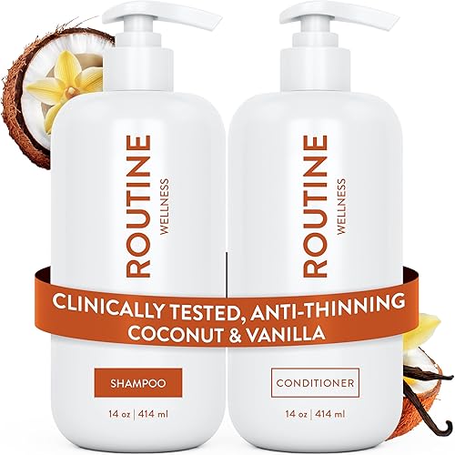 Routine Wellness Anti-Thinning Shampoo and Conditioner Set for Thinning Hair - Biotin DHT Blocker Women & Men - Color Safe Shampoo for Hair Loss & Healthier Hair - Coconut & Vanilla (Pack of 2)