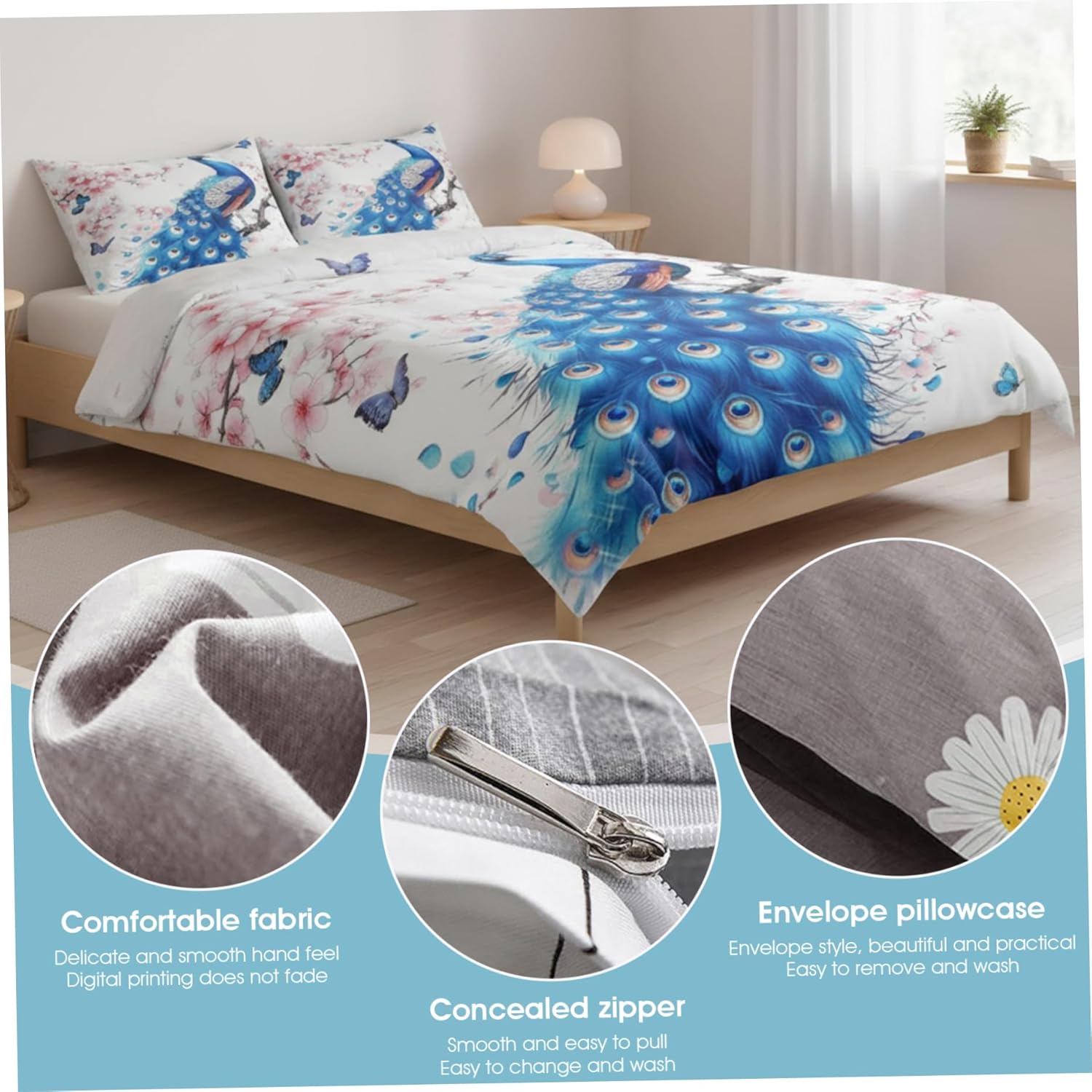 Peacock Bedding Set Queen Size Comforter Set - 3 Piece Quilt Bedding with Pillowcases, Soft Microfiber Bedroom Decor, US Queen 228 * 228