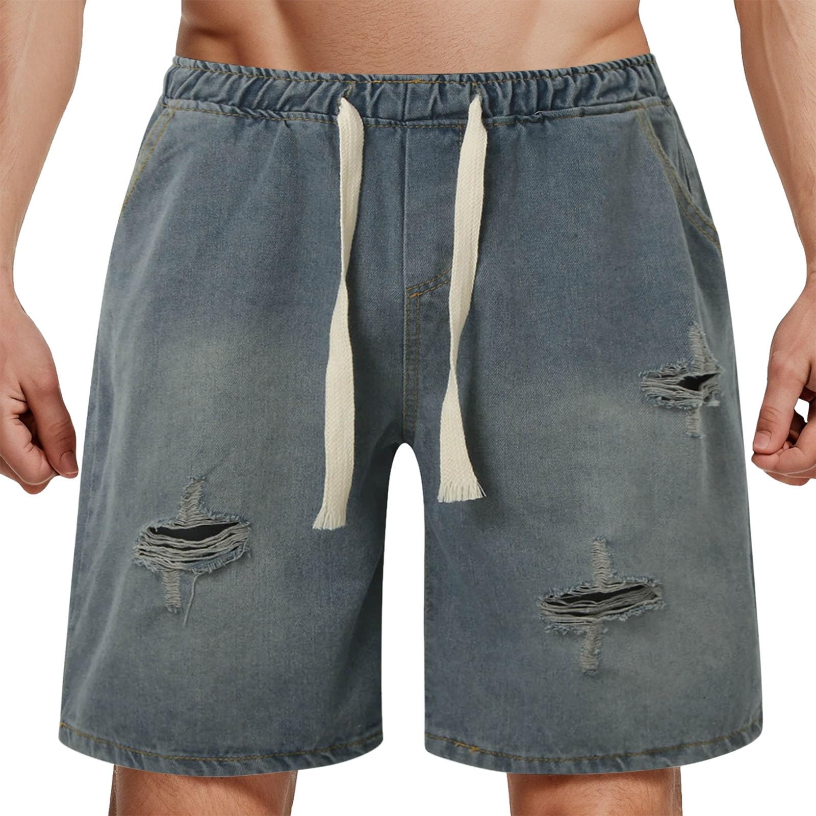 Briskorry Pantalones vaqueros cortos para hombre Destroyed Ripped Jeans Shorts Cintura Elástica Pantalones vaqueros rectos Moda Verano Pantalones cortos ligeros Verano Bermudas Sencillos Casual Pantalones