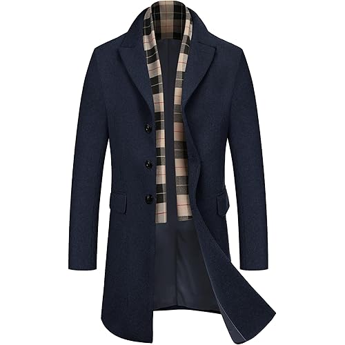 COOFANDY Men's Wool Blend Coat with Detachable Plaid Scarfs Notched Collar Single Breasted Pea Coat Trench Overcoat