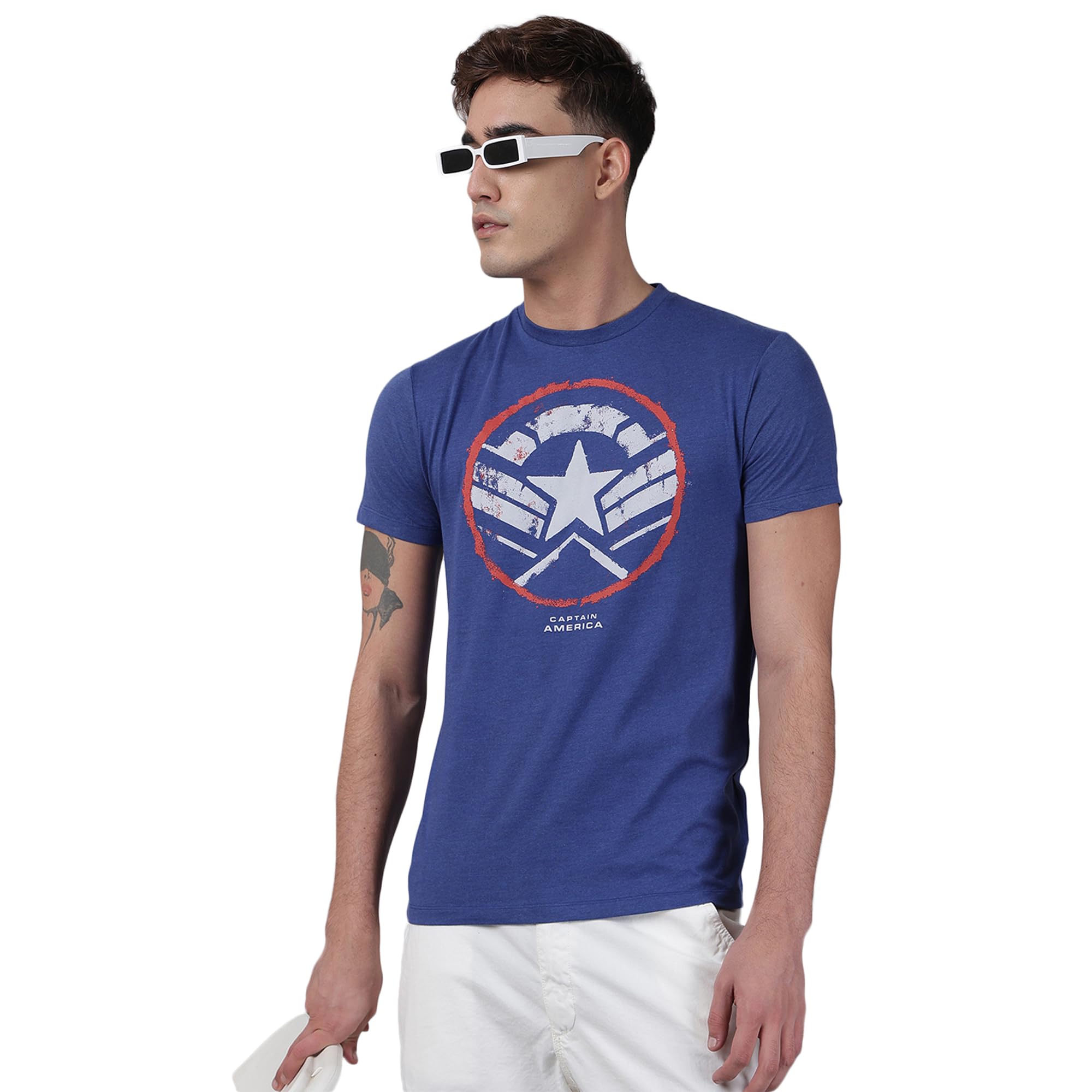 free authority Official Captain America Half Sleeves Round Neck Blue Graphic Printed Oversized Fit Tshirt for Young Men-picture-46