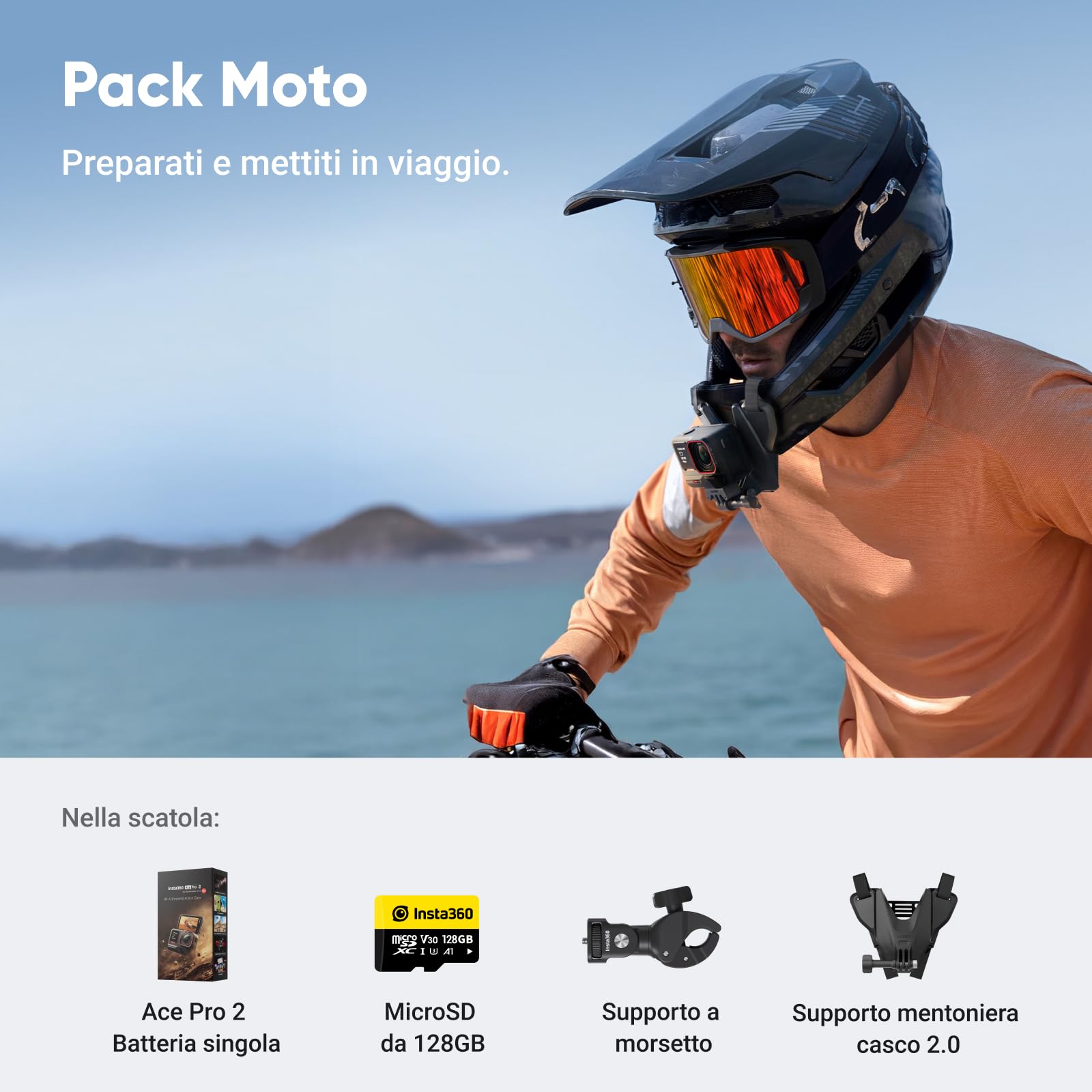 Insta360 Ace Pro 2 Pack Moto - Action Cam Impermeabile in 8K co-ingegnerizzata con Leica, sensore 1/1.3", doppio chip IA, superba in bassa luce, audio superiore.
