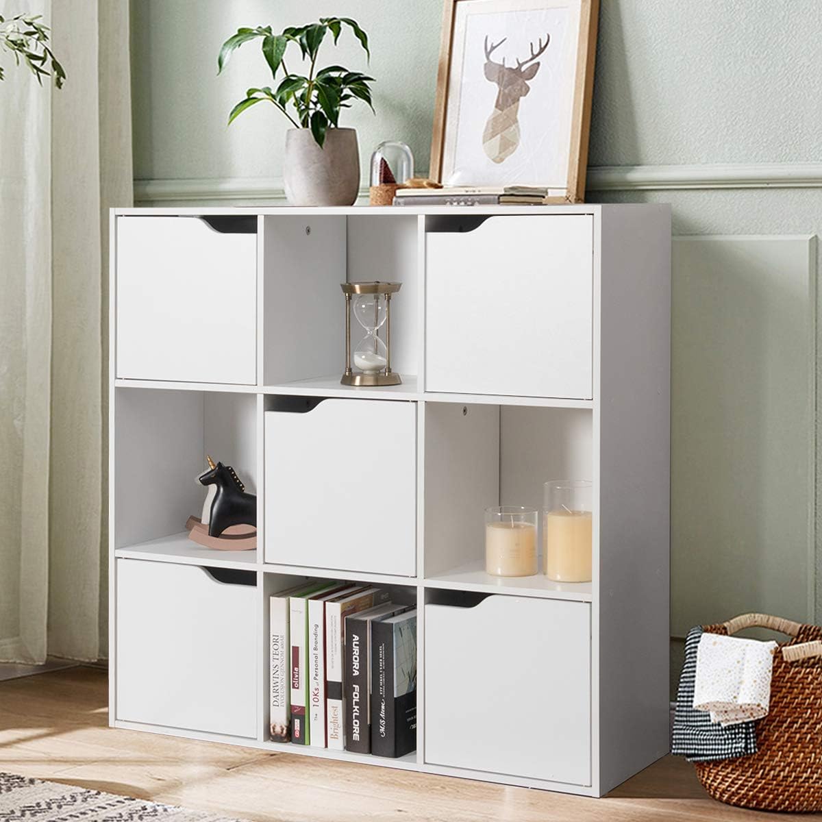 Giantex 9-Cube Storage Organizer, Storage Cabinet with 4 Open Cubes and 5 Cabinets, Free Standing Wooden Cubby Bookcase, Compartment Units for Home Office, 3-Tier Bookshelf for Books, Toys