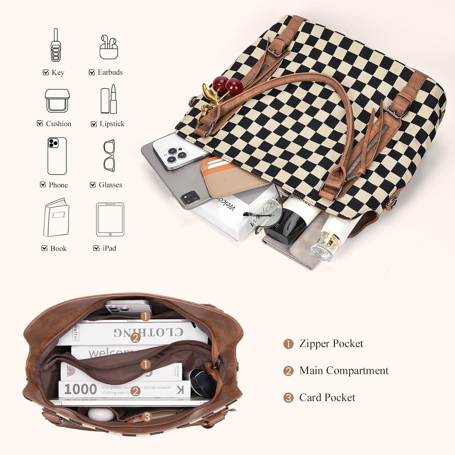 Checkered Tote Bag Large Checkered Purses for Women Plaid Hobo Shoulder Bag Multiple Pockets Tote Handbags image 5