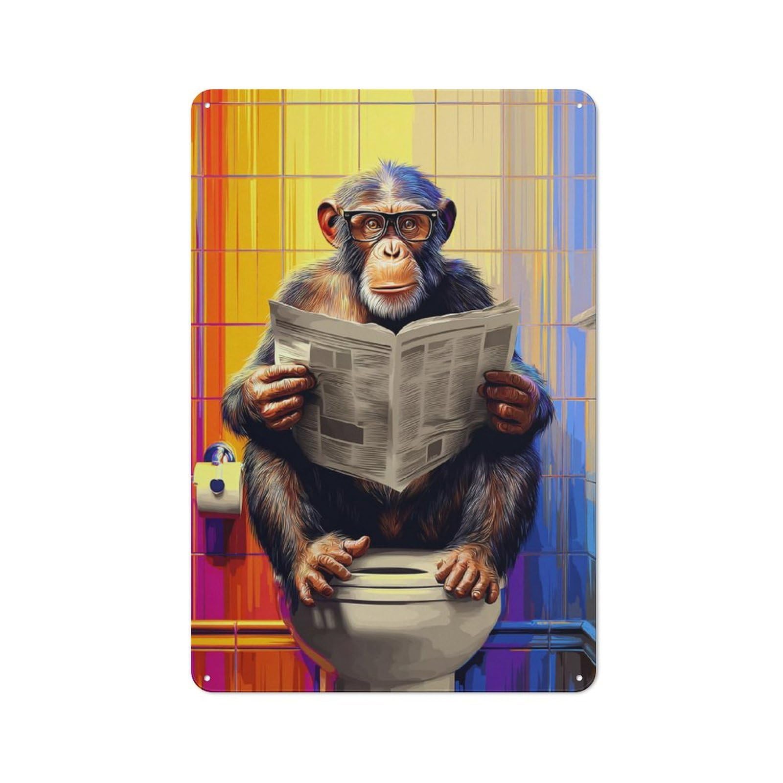 Junmoney Chimpanzee Reading Newspaper In Bathroom Office Metal Sign With Design 30X20cm, Classic Study Room Decor For Office, Study, Studio Or Hallway