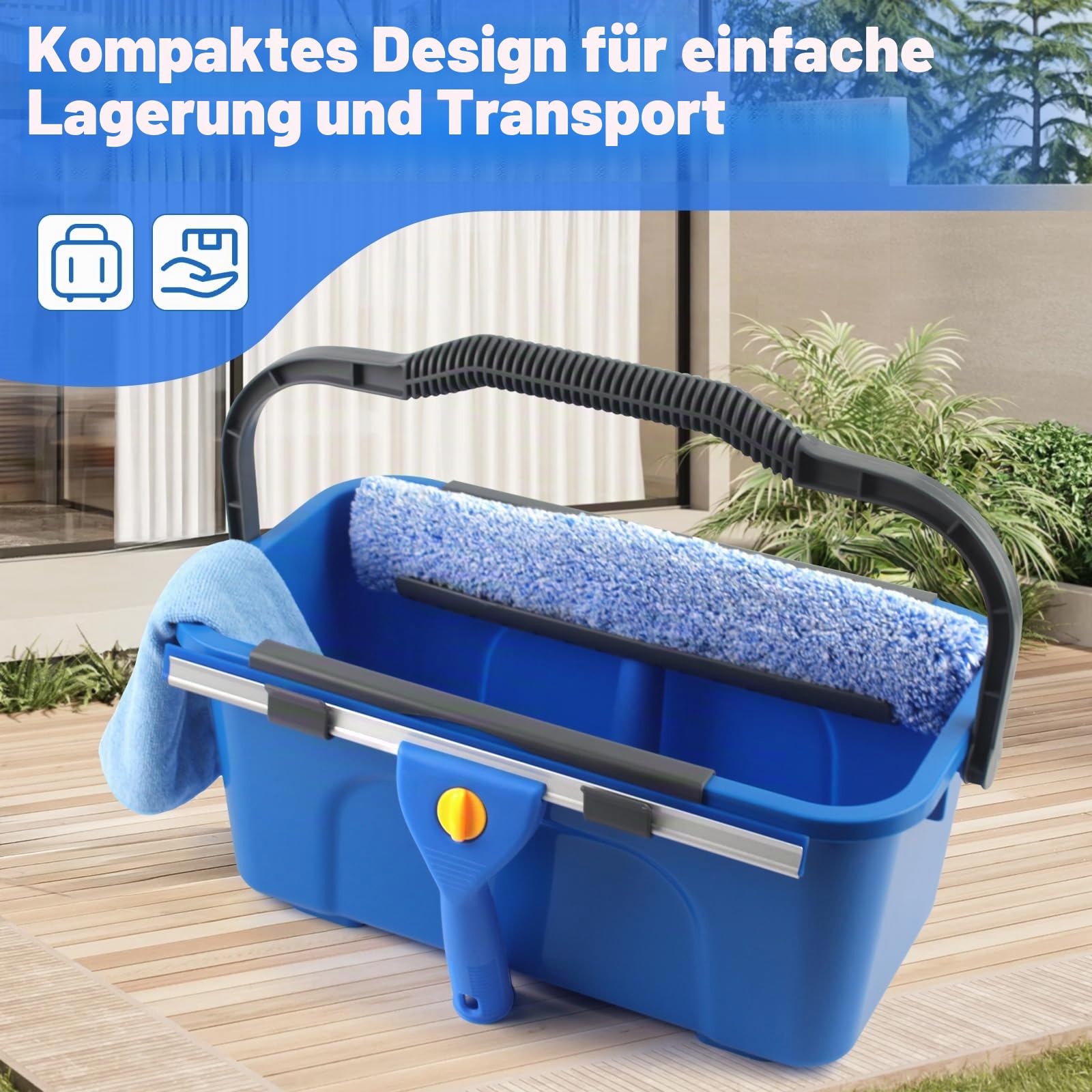 Fensterreiniger Set mit Putzeimer 12L, 35cm Fensterabzieher & 38cm Fenster Einwascher mit 155cm Langem Griff, Profi Fensterputzer Set mit Mikrofasertuch für Haus, Fenster, Glas, Outdoor, Kommerzielle