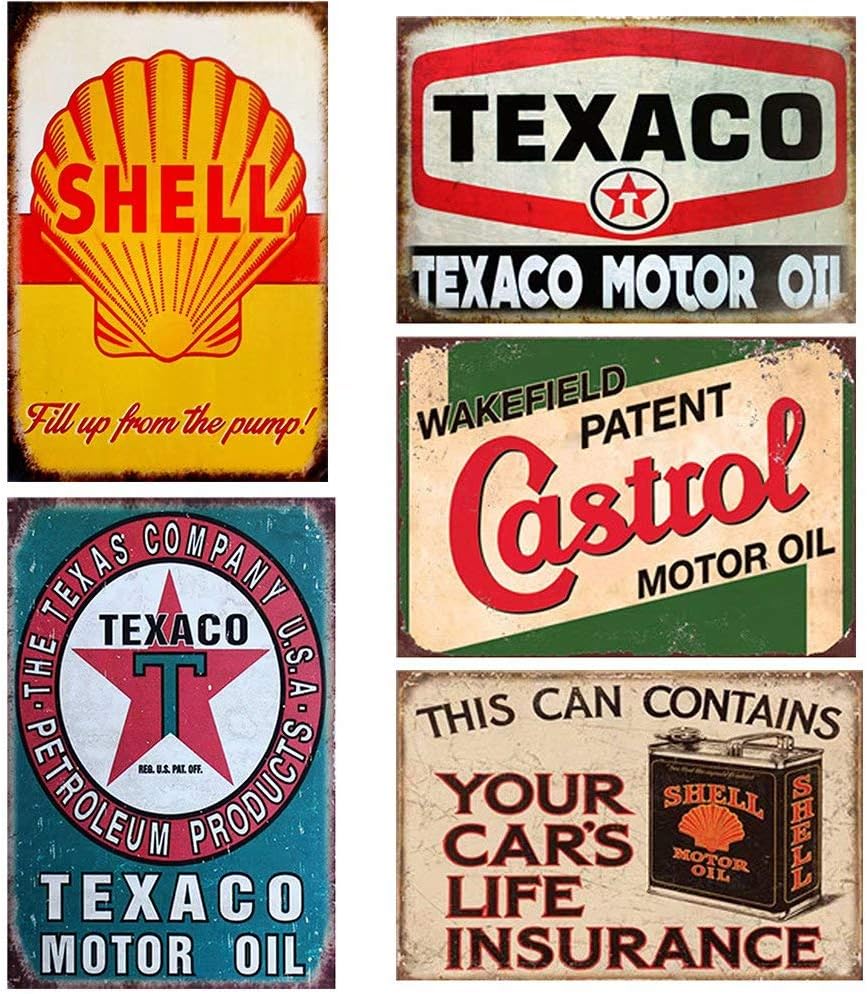FlowerBeads 5PCS GAS Motor Oil Antique Tin Signs, Vintage Garage Man Cave Retro Posters Bar Pub Wall Decor - 20X30cm
