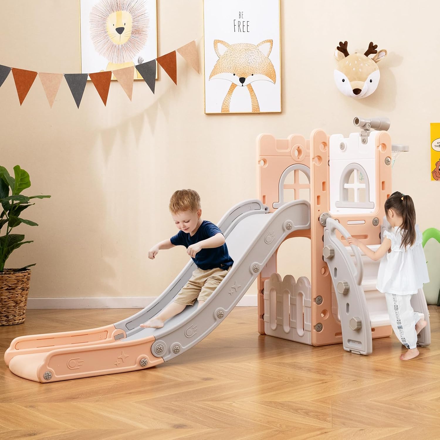 HONEY JOY Toddler Slide, 6 in 1 Freestanding Slide for Kids, Indoor Outdoor Castle Climber Playset Gym w/Basketball Hoop, Ball, Telescope, Storage, Playground Baby Slide for Boys Girls (Pink)