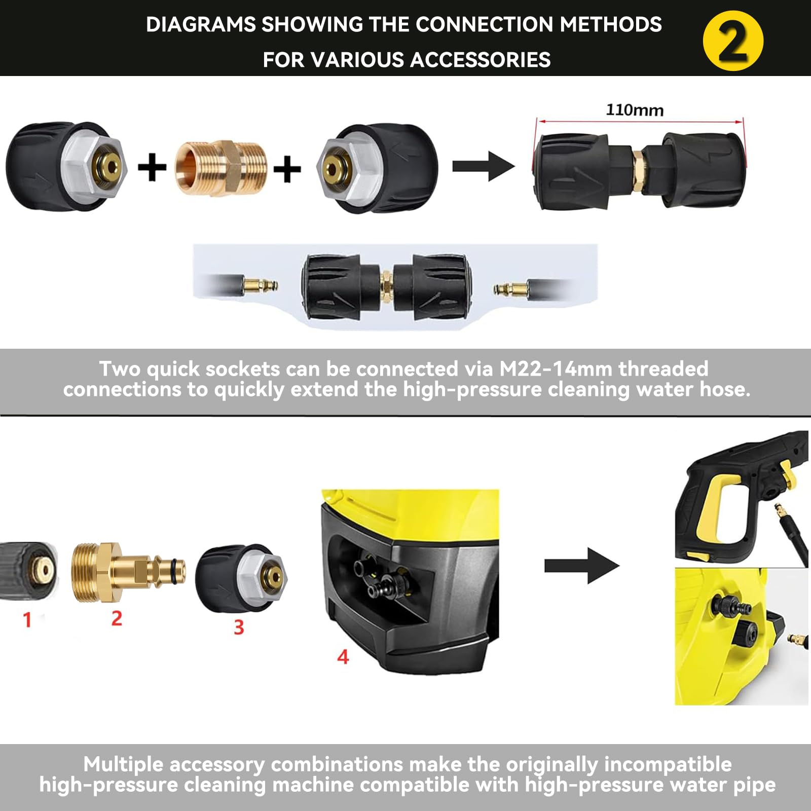Adaptador Manguito Conexión Rápida M22 14mm para Karcher K2-K7, Juego 3 Piezas, Conversión Pistola Lavadora Alta Presión Hembras/Machos