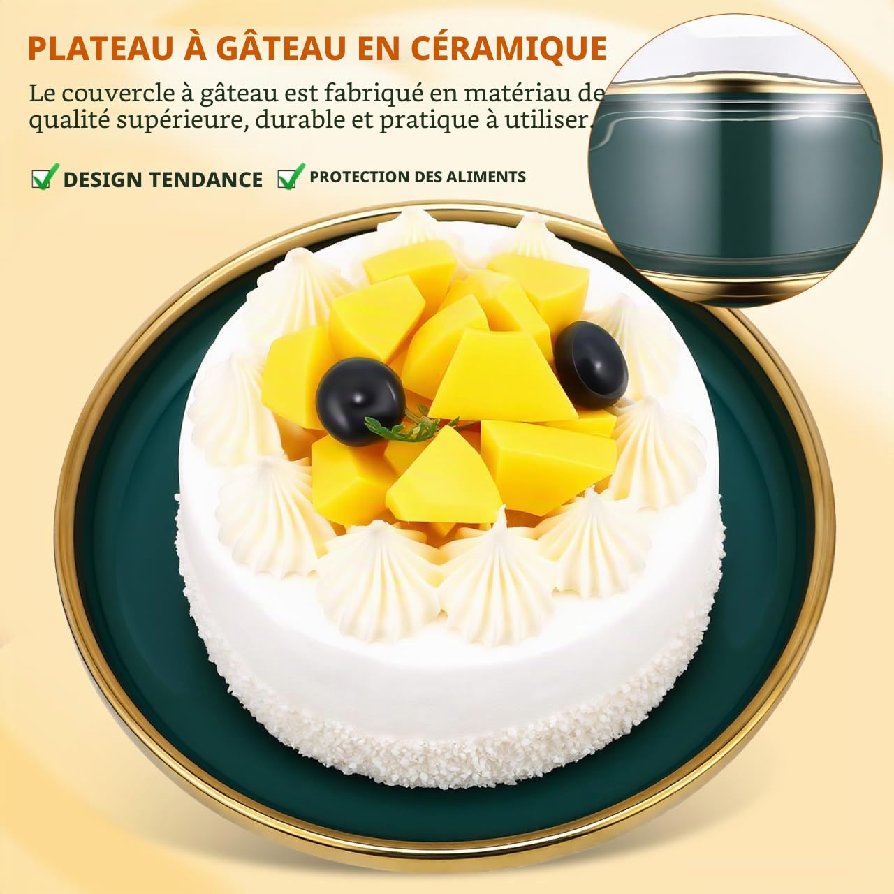 Cabilock 1 set de support à gâteau, cloche en verre, cloche à fromage, assiette en céramique, cloche à gâteau, cloche à gâteau, couvercle pour aliments