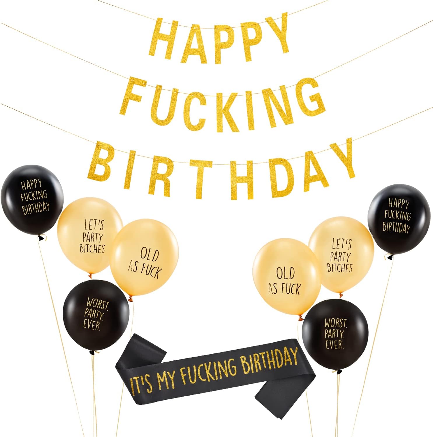 Abusive Birthday Unisex Bundle Set - Includes 8 Funny Offensive Balloons, 1 Birthday Banner And 1 Birthday Sash For Him Or Her