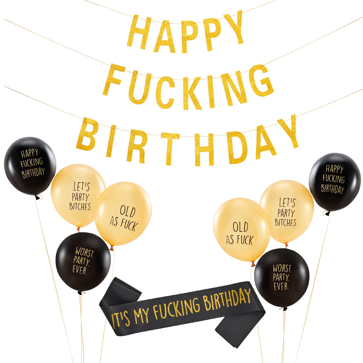 Abusive Birthday Unisex Bundle Set - Includes 8 Funny Offensive Balloons, 1 Birthday Banner And 1 Birthday Sash For Him Or Her