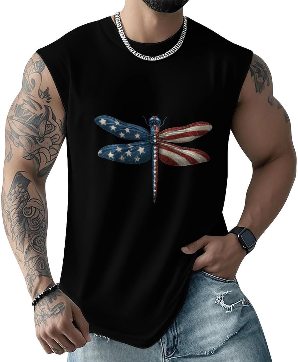 U.S. Flag Dragonfly Men Summer Sleeveless Crew Neck Top 5XL