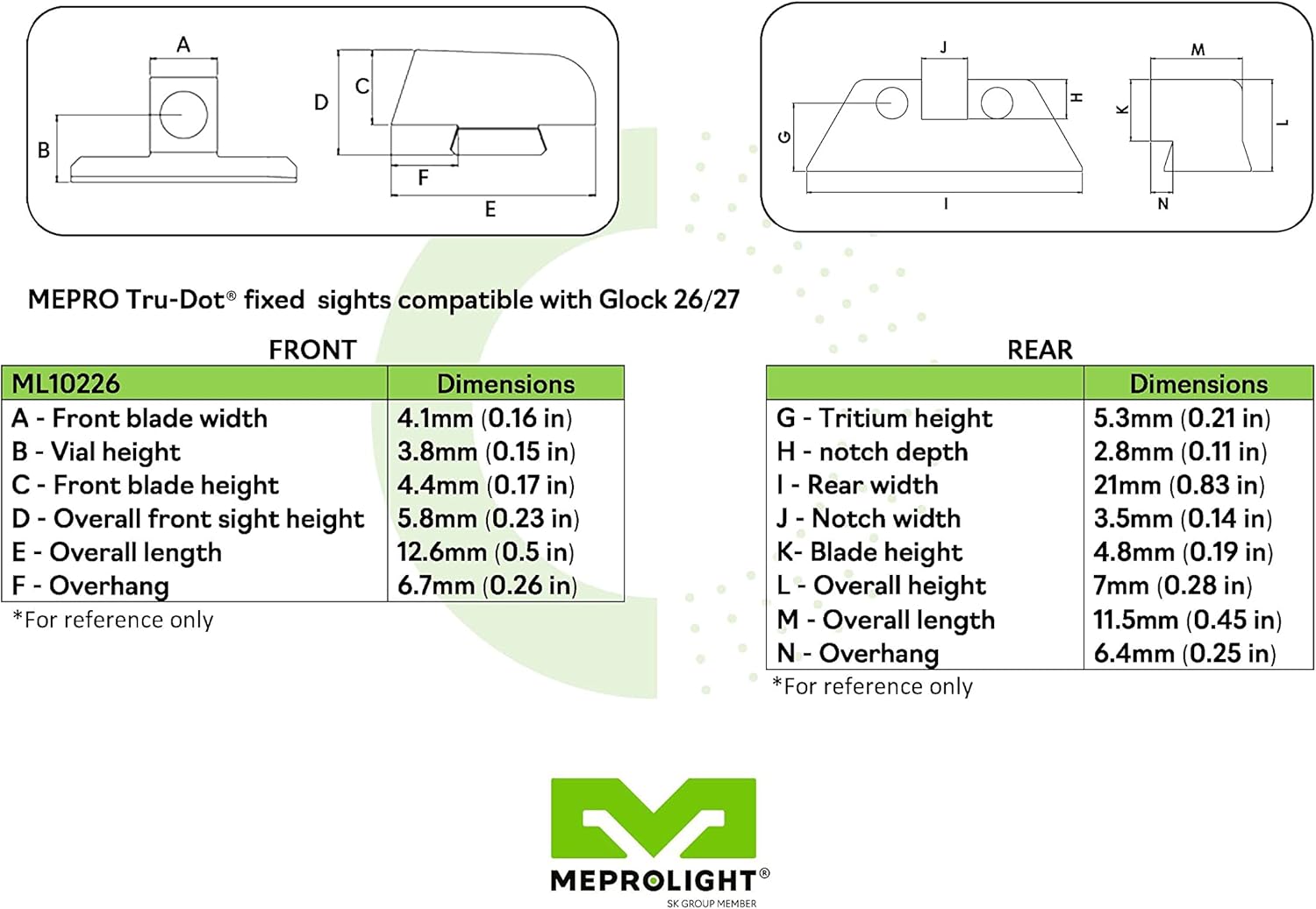 MEPROLIGHT MEPRO TRU-DOT Fixed Tritium Day and Night Pistol Sights Compatible with Glock 26,27 Green tritium dots for Low Light and Night Conditions : Airsoft Gun Sights : Sports & Outdoors