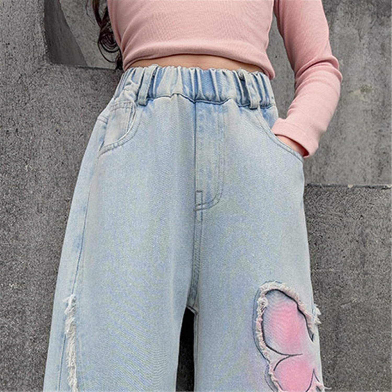 Girls Baggy Jeans Butterfly Patchwork Denim Pants Raw Hem Jeans High Waisted Wide Leg Denim Pants Casual Loose Trousers