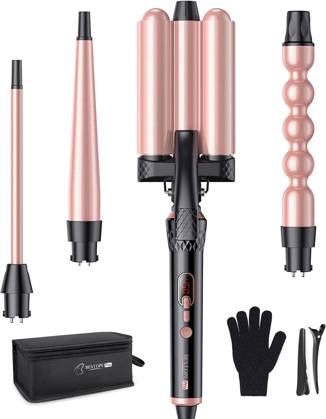 Curling Iron Set 4 in 1 Curling Wand with 1'' inch Hair Waver Hair Crimper & 3 Interchangeble Barrel 0.35''-0.75'', Instant Heat Up & 6 LED Temperature Control, Glove & 2 Hair Clips