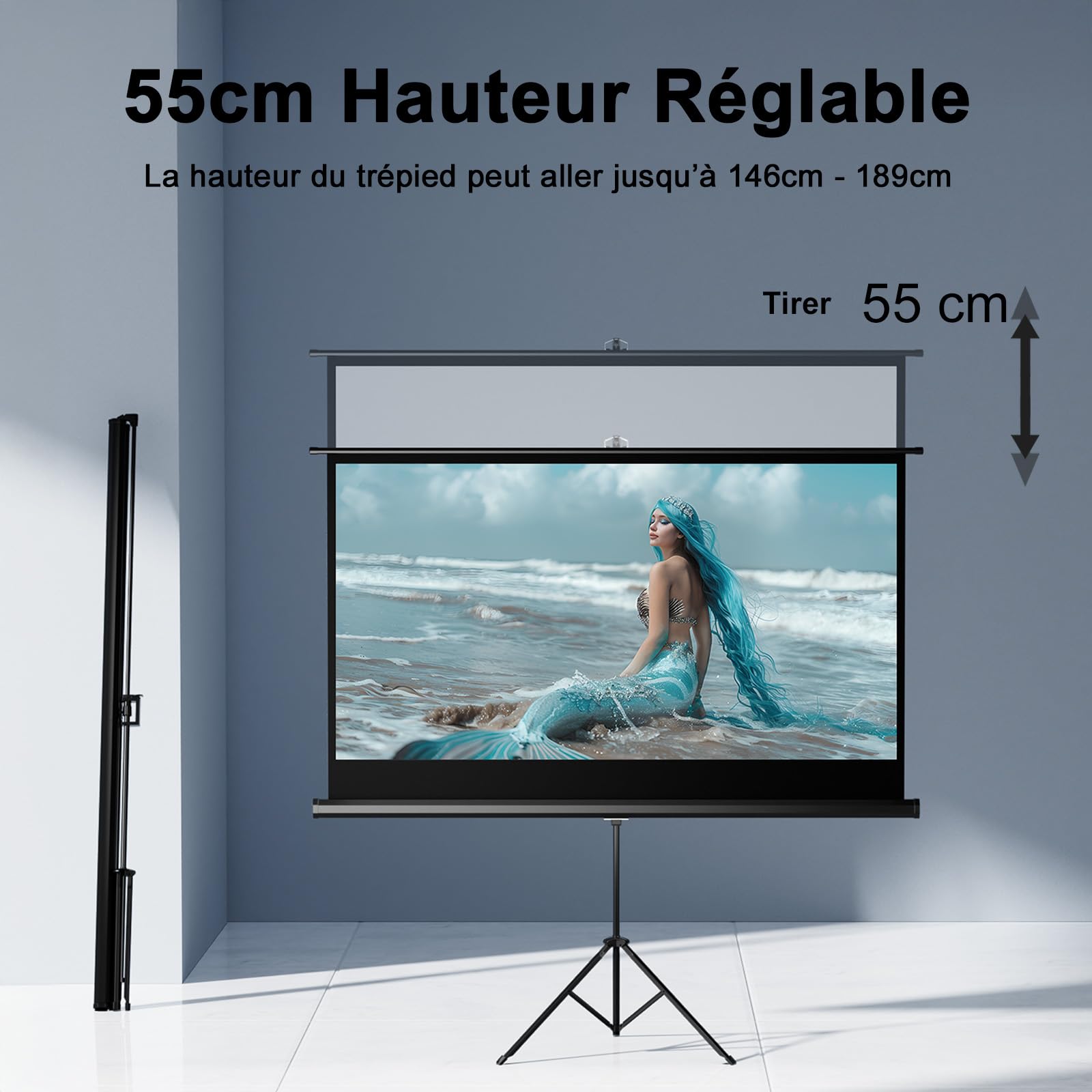VISULAPEX 60" Ecran de Projection sur Pied, 16:9 Ecran Videoprojecteur Réglable avec Sac de Transport, Ecran Projecteur Intérieur Extérieur pour Films&Présentations