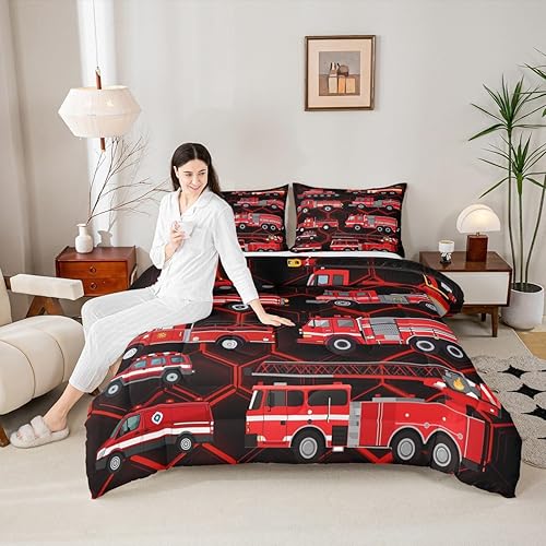 Miniatura 2 de Juego de ropa de cama de auto de bombero, juego de edredón de camión rojo, tamaño Queen para niños y niñas, juegos de ropa de cama y colecciones