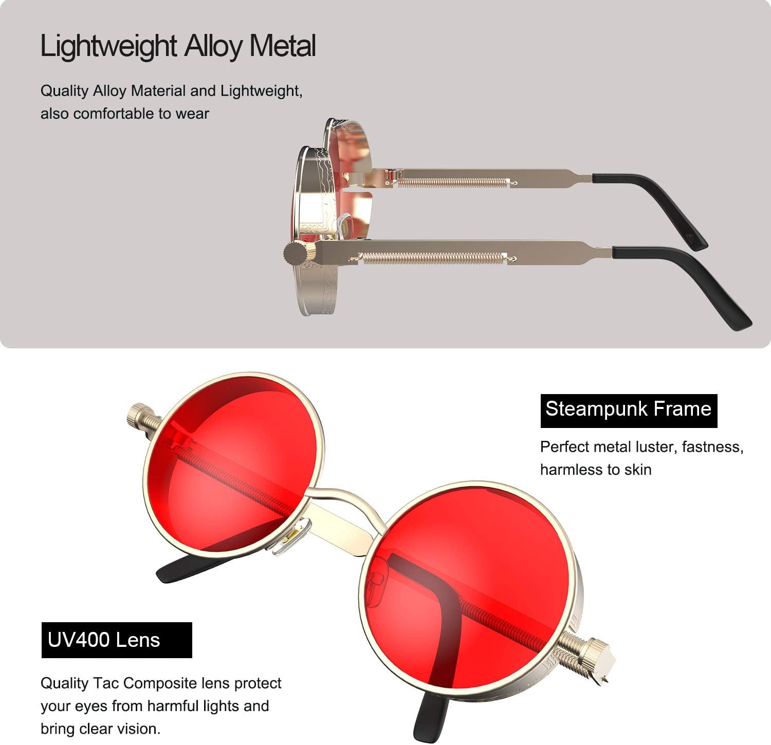 PROUDDEMON Retro Gothic Steampunk Sunglasses for Women Men Round Lens Metal Frame - Image 3