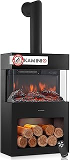KAMINIO Elektrokamin Henri mit Ofenrohr - Elektrischer Kaminofen mit Heizung, 3D-Flammeneffekt, Holzfach, LED-Ambientelicht, Fernbedienung (Schwarz)